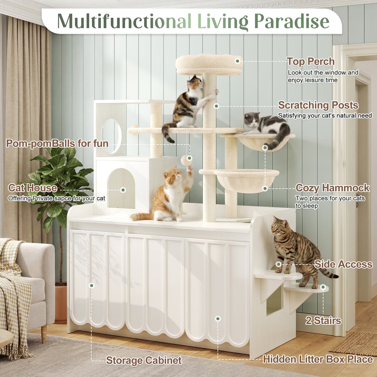 50.6 Cat Tree With Litter Box Enclosure, 5Cat Tower Sisal Scratching
