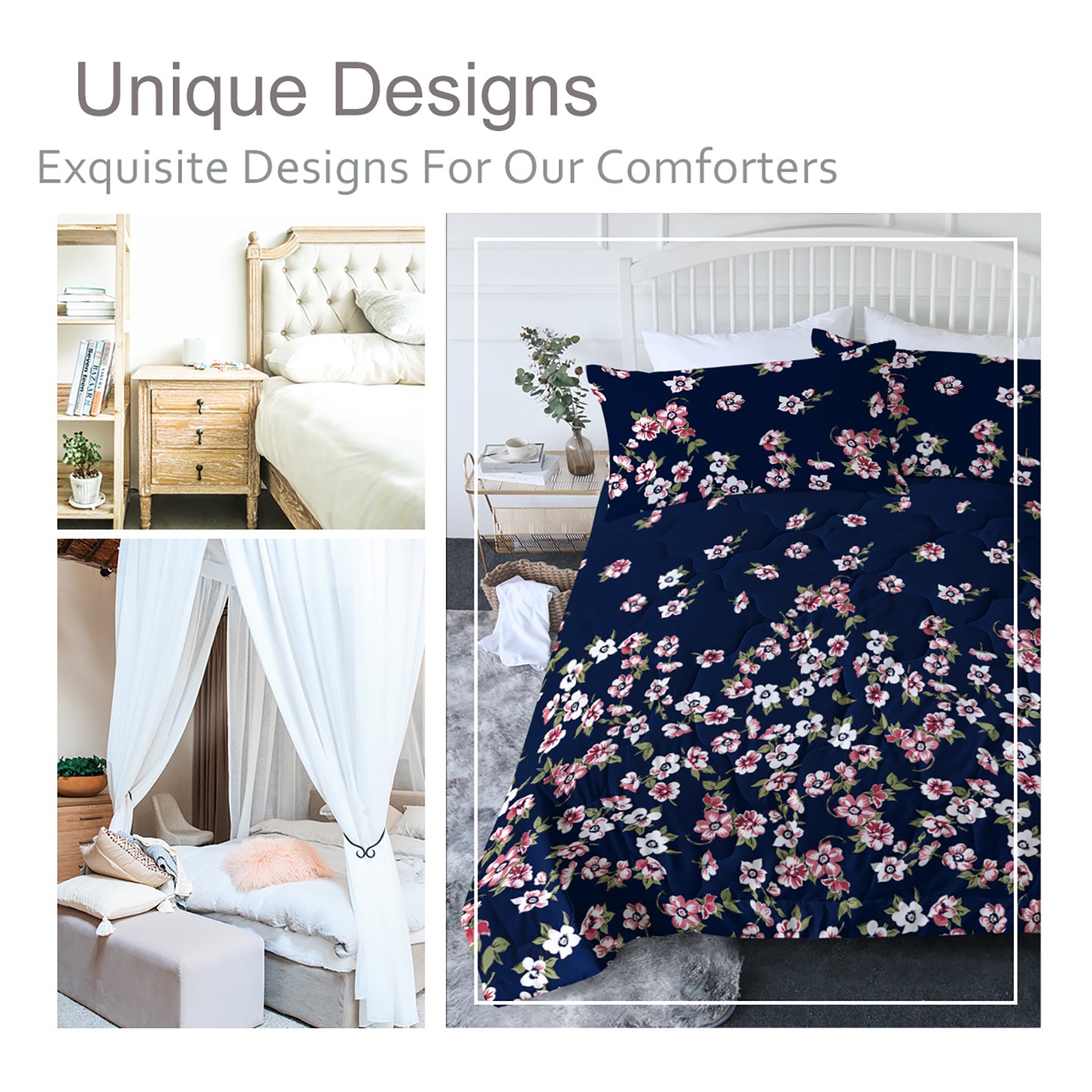 Floral Comforter Set - Dark Blue Queen Size with 2 Pillowcases