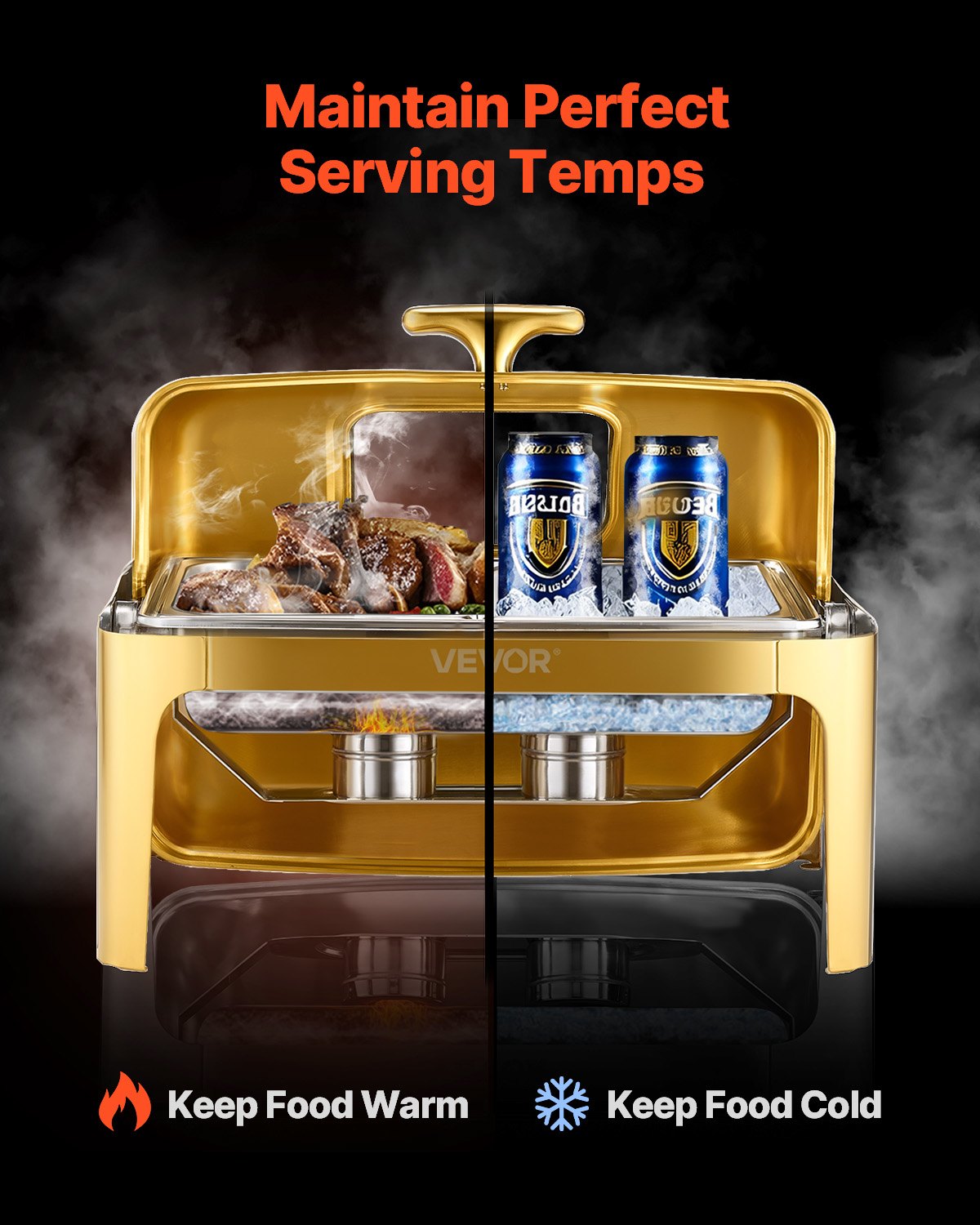9Qt Stainless Steel Roll Top Chafing Dish Set - Gold Finish