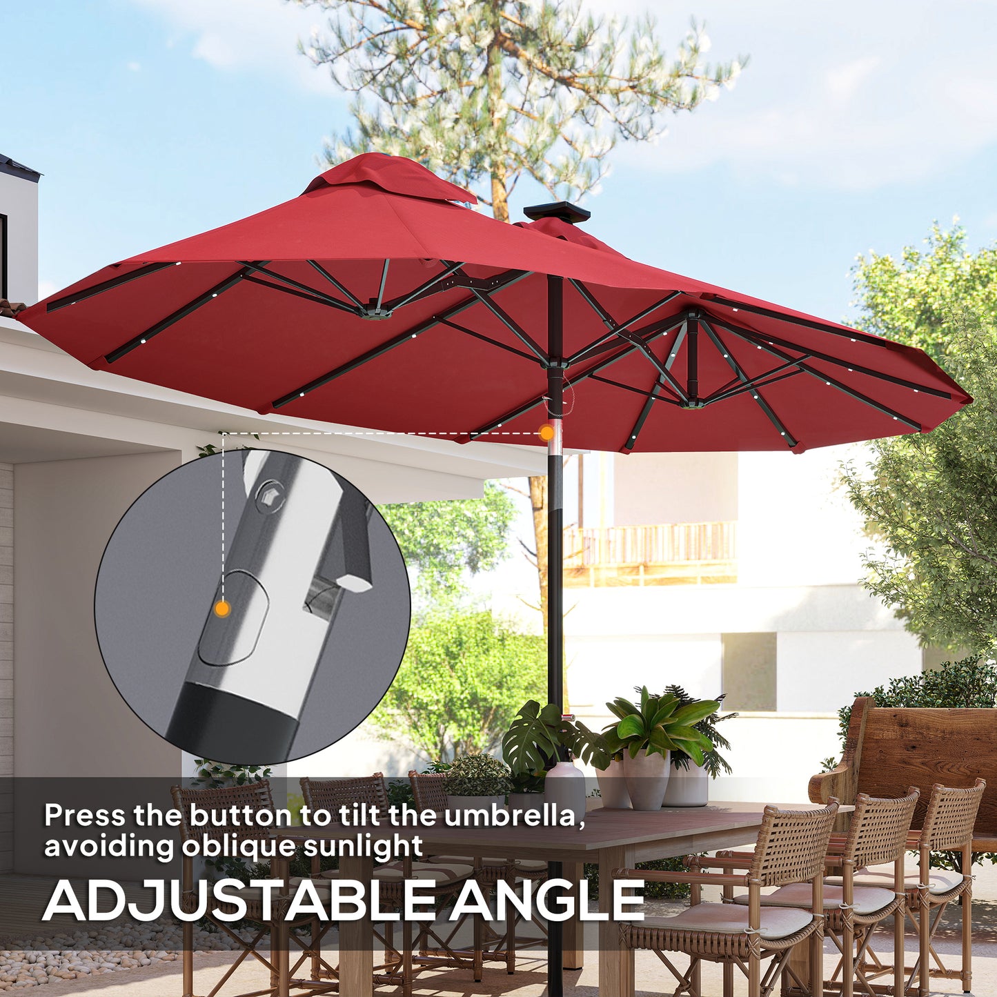 9.7' Double-Sided Patio Umbrella with Solar LED Lights - Wine Red