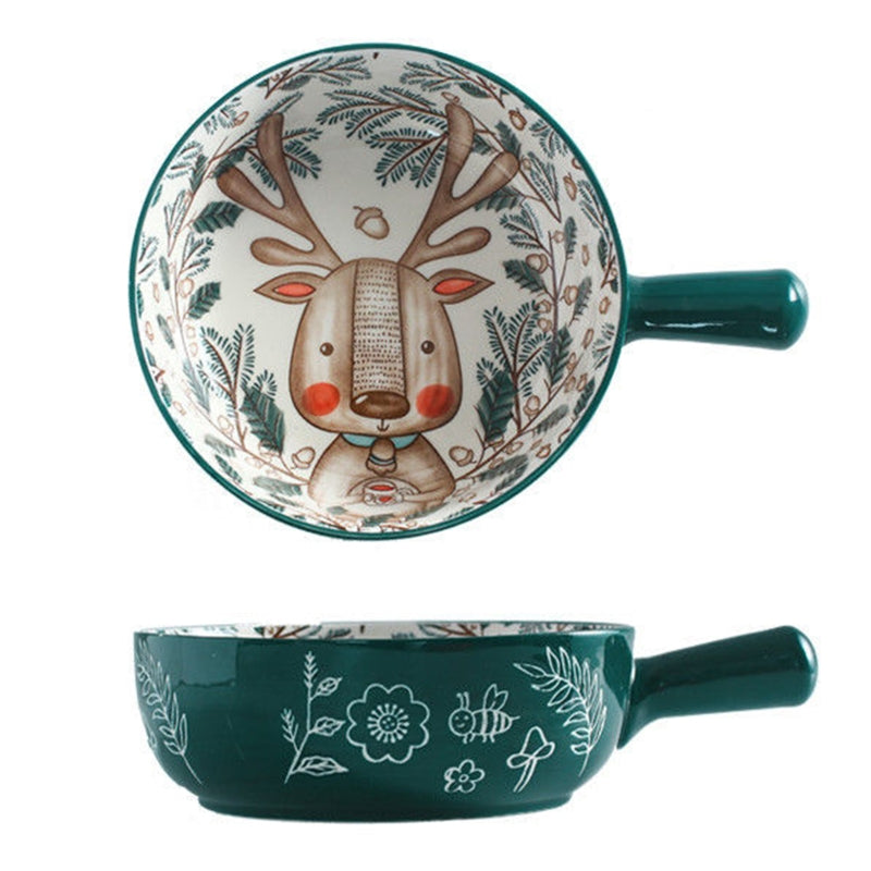 Ceramic Salad Bowl with Handle - Animal Illustration, 16-17cm, Dishwasher Safe