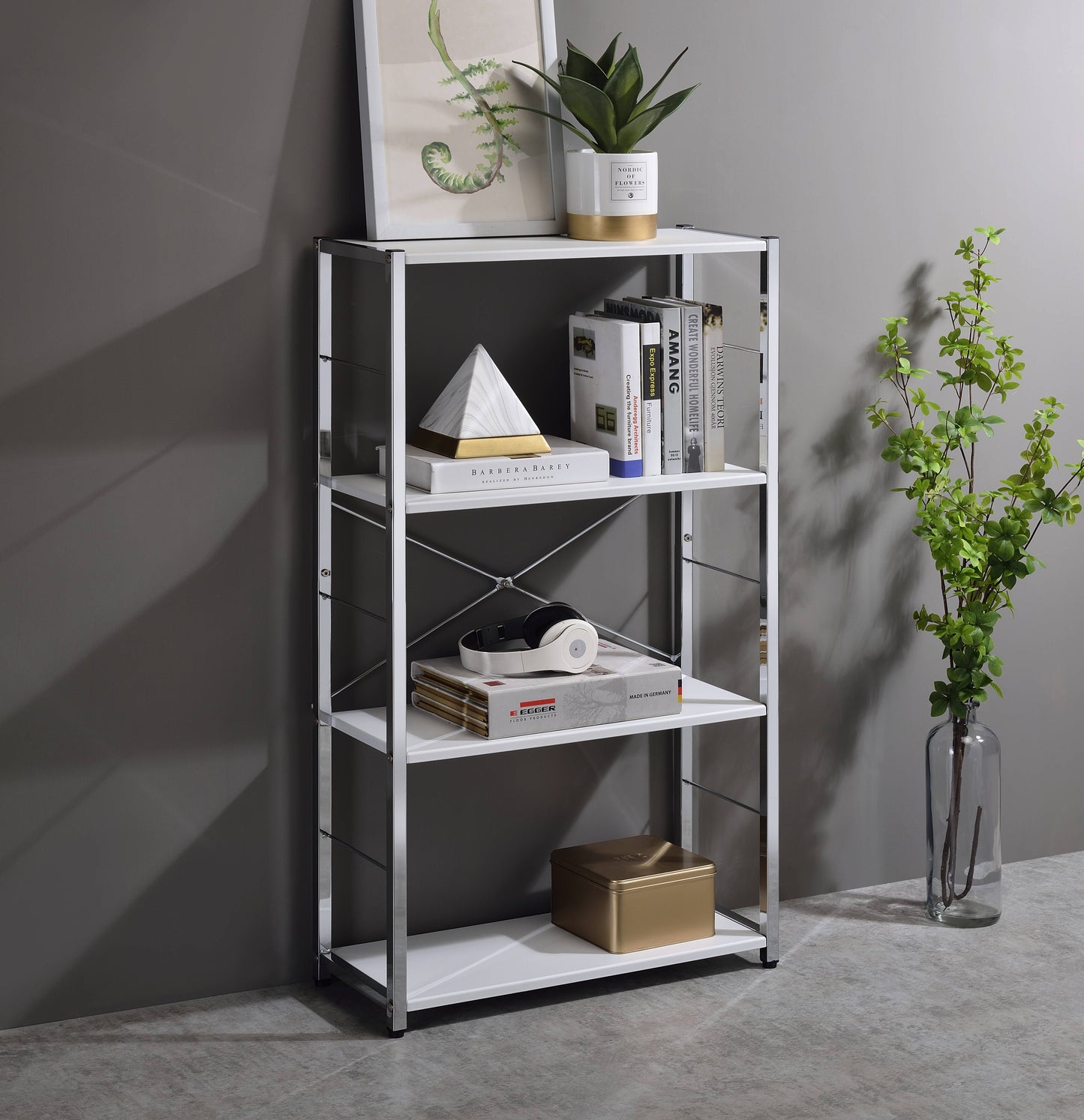 Modern White & Chrome Finish Bookshelf - 4-Tier Storage