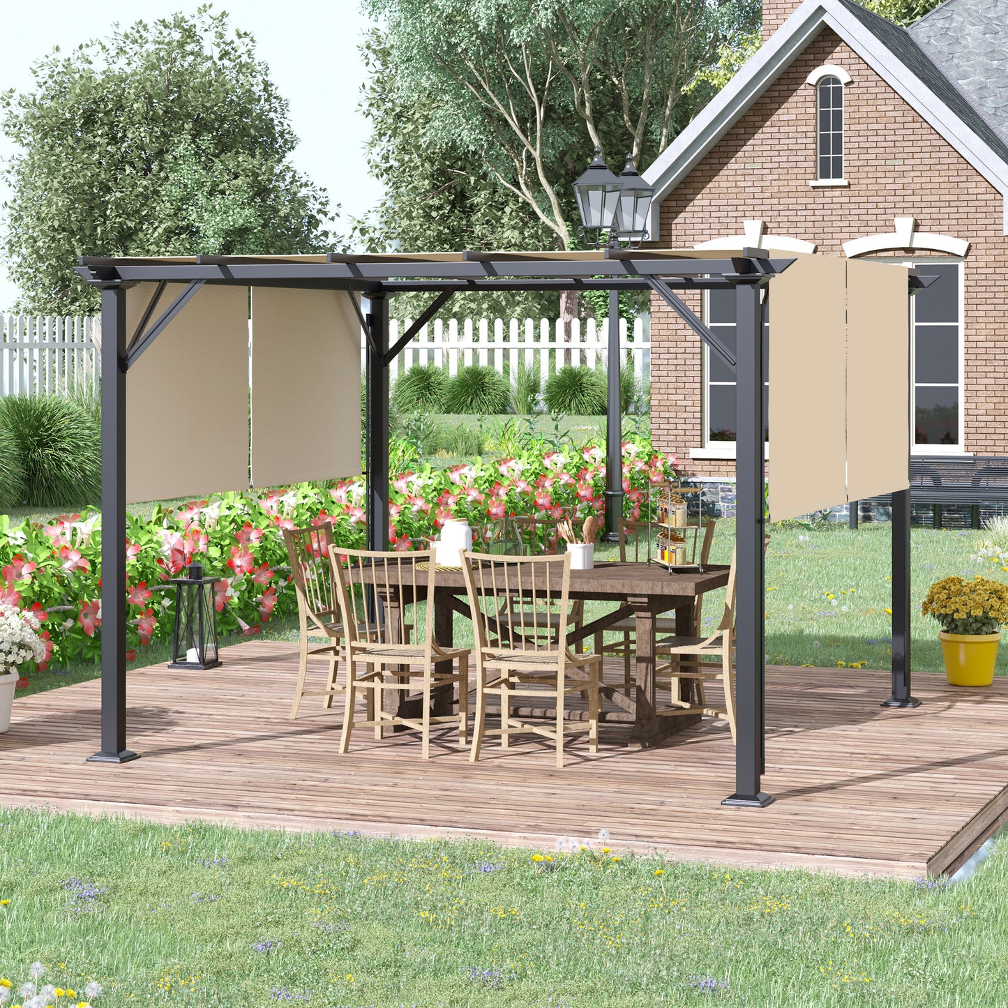 Outdoor Retractable Pergola Canopy with Sun Shade - Beige