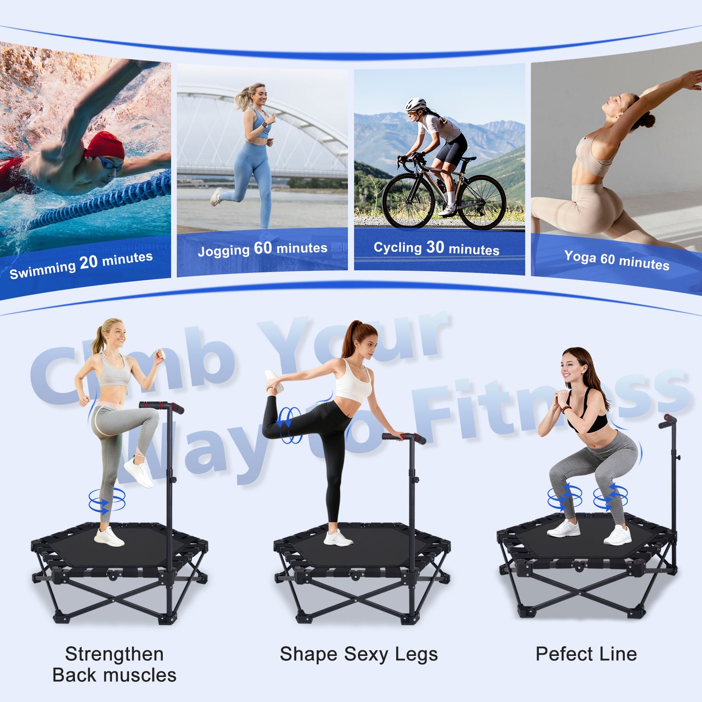 42" Foldable Mini Trampoline - Adjustable T-Bar, 330lbs Capacity, Black