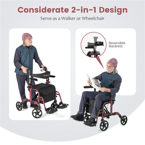2-in-1 Rollator Walker and Wheelchair - Adjustable Handles, 300lbs Capacity, Red
