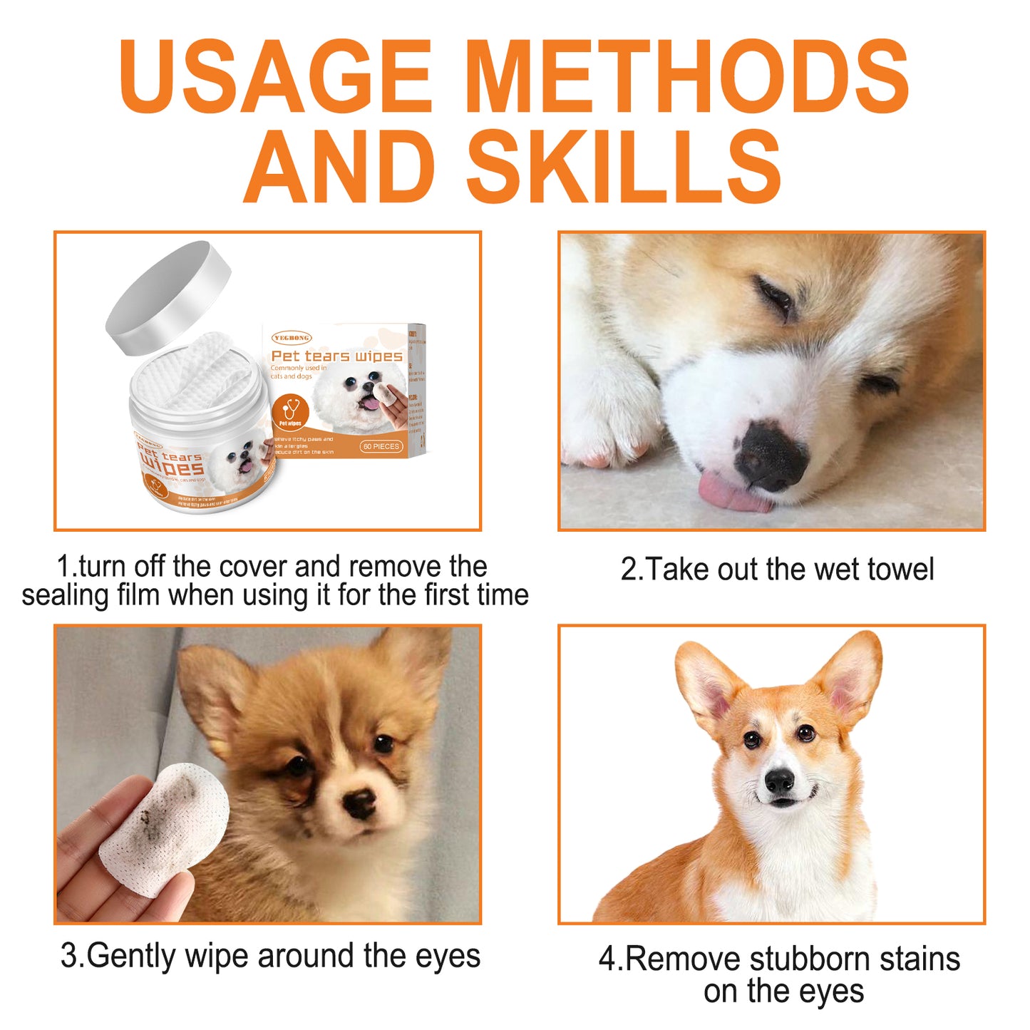 Pet Tear Stain Wipes for Dogs & Cats - Gentle Eye Cleaning, Aloe & Chamomile, 60 Count