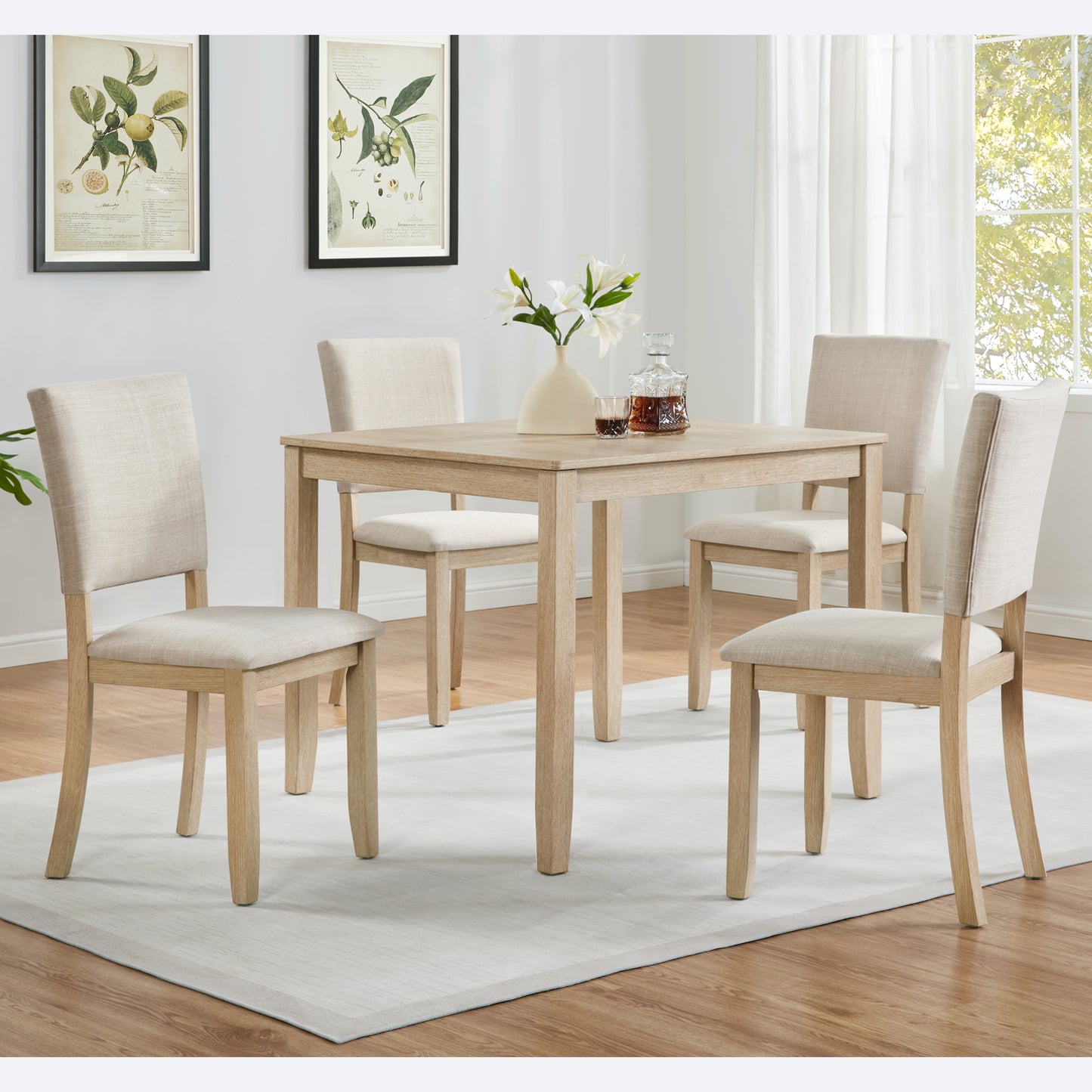 Modern Minimalist Dining Chairs Set of 4 with Padded Seat - Light Oak & Beige