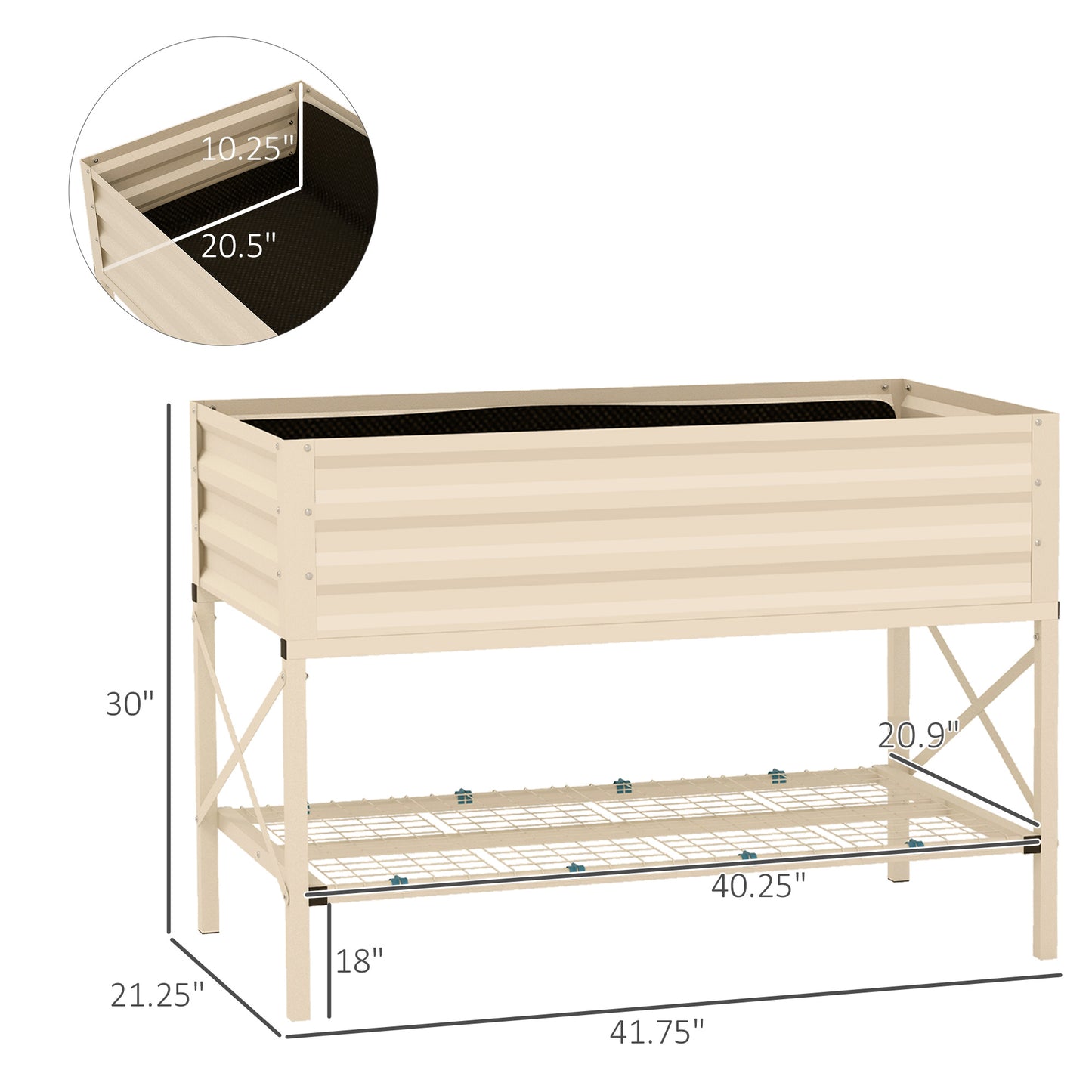 Galvanized Raised Garden Bed with Legs and Storage Shelf - Cream, 41x21 Inches