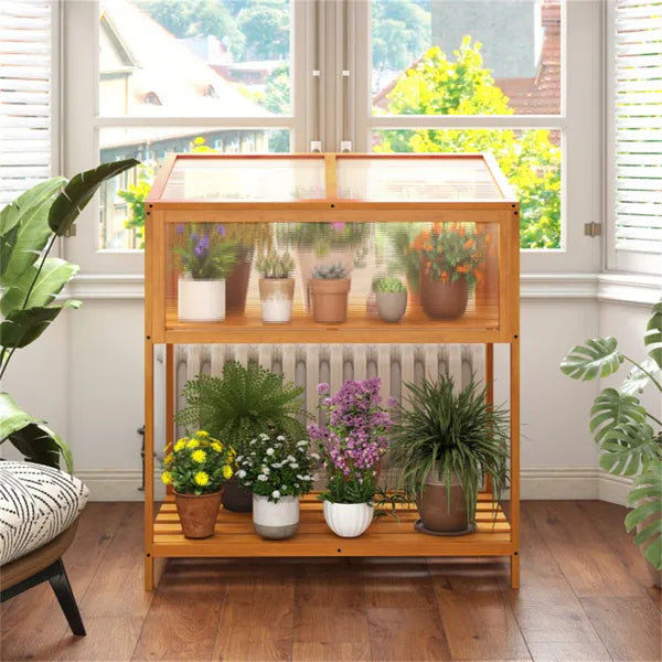 2-in-1 Elevated Greenhouse with Adjustable Roof & Slatted Shelf
