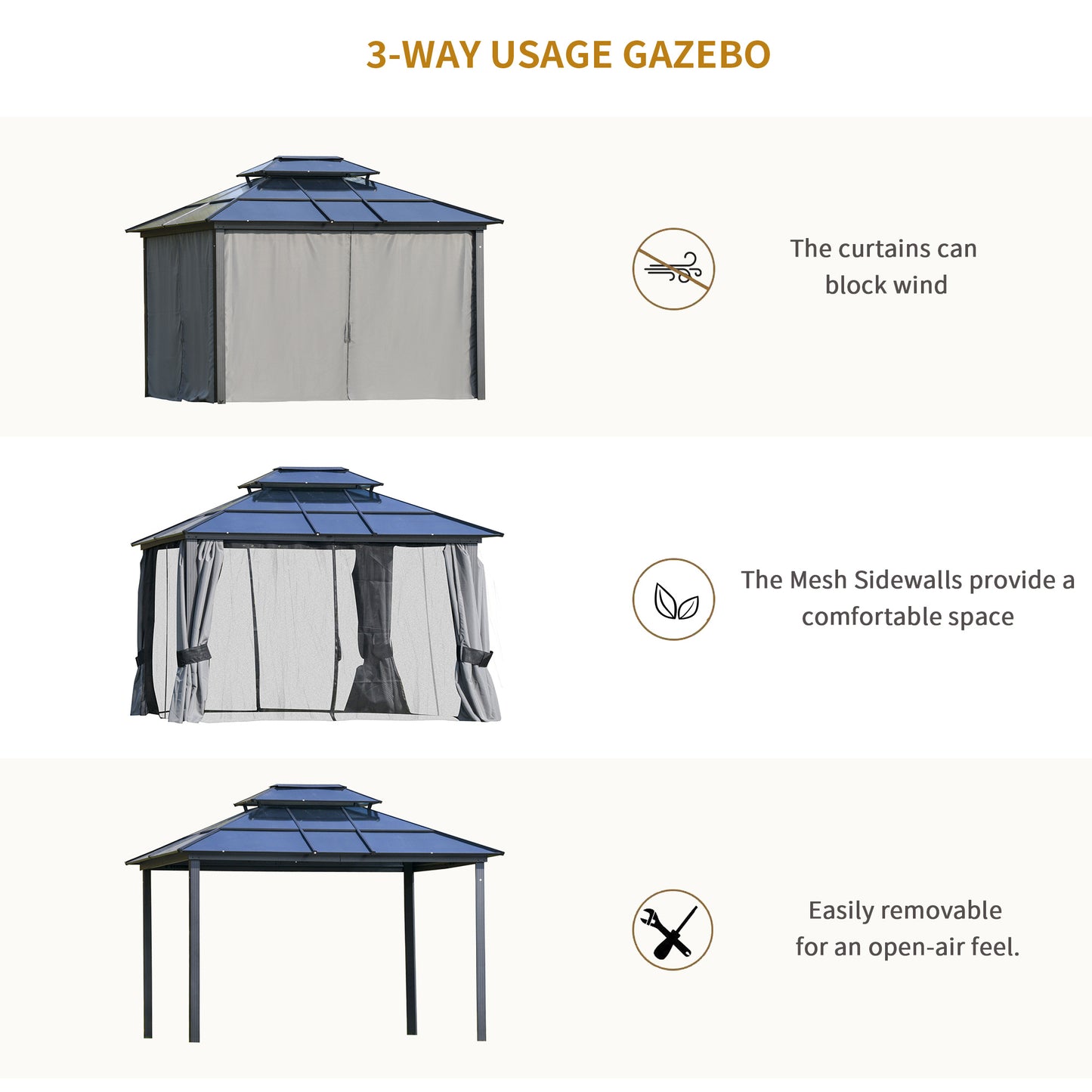 10x12 Hardtop Gazebo Canopy with Polycarbonate Roof - Light Gray