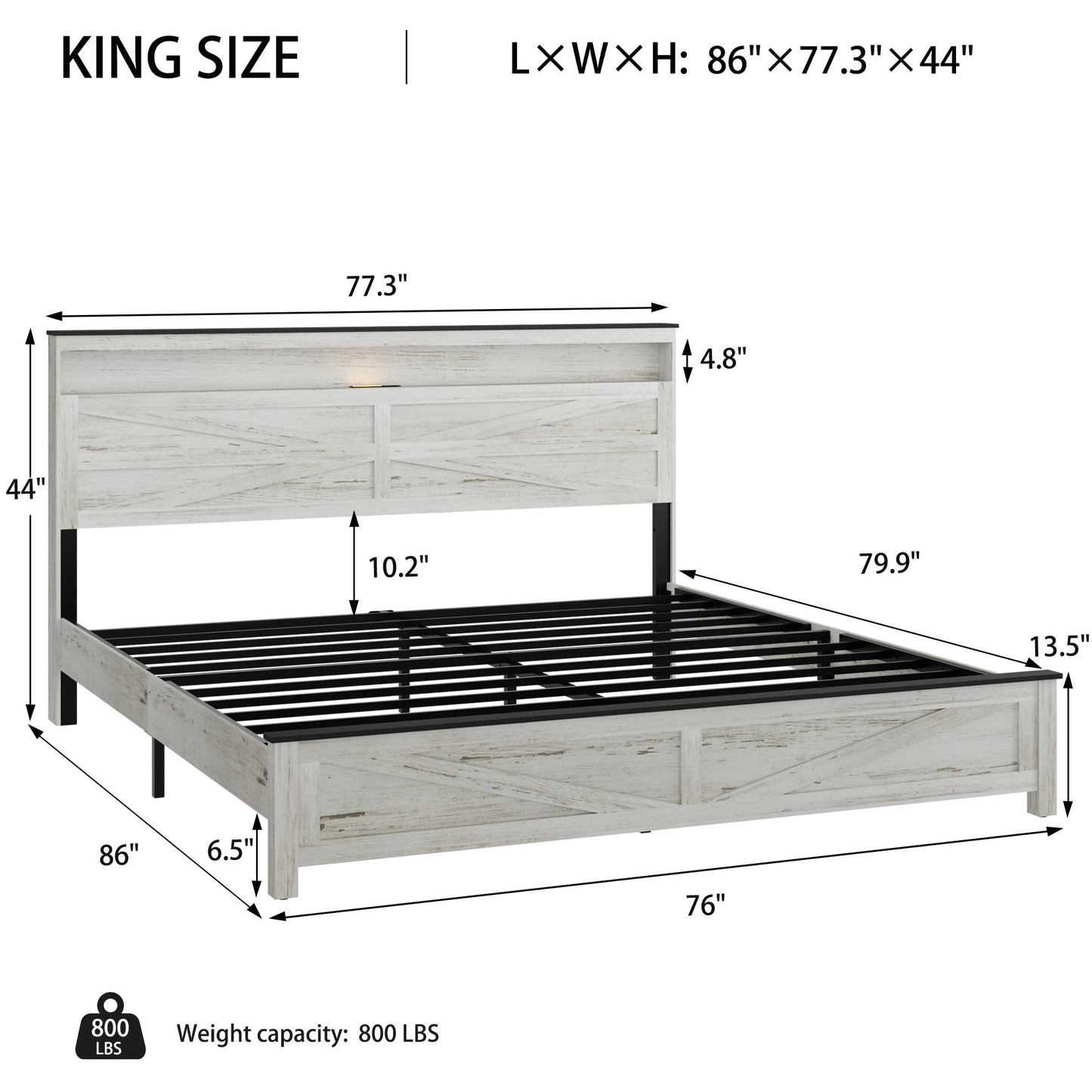 King Wood Platform Bed Frame with Hidden Storage & USB Ports