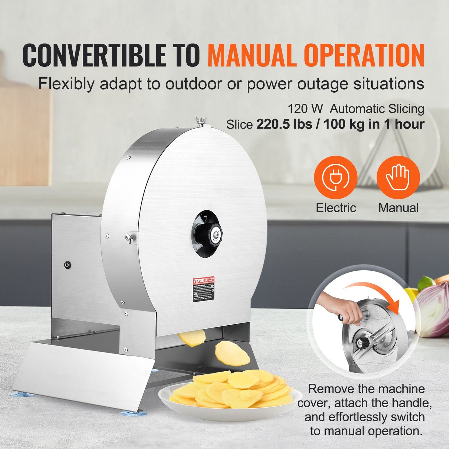 Electric Vegetable Slicer - Adjustable 0-12mm Thickness, Stainless Steel Food Cutter, Manual & Electric Modes