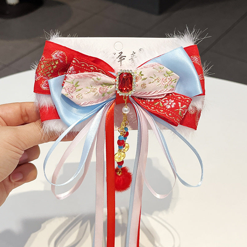 Children's Chinese-Style Red Flower Hair Clip with Pearls