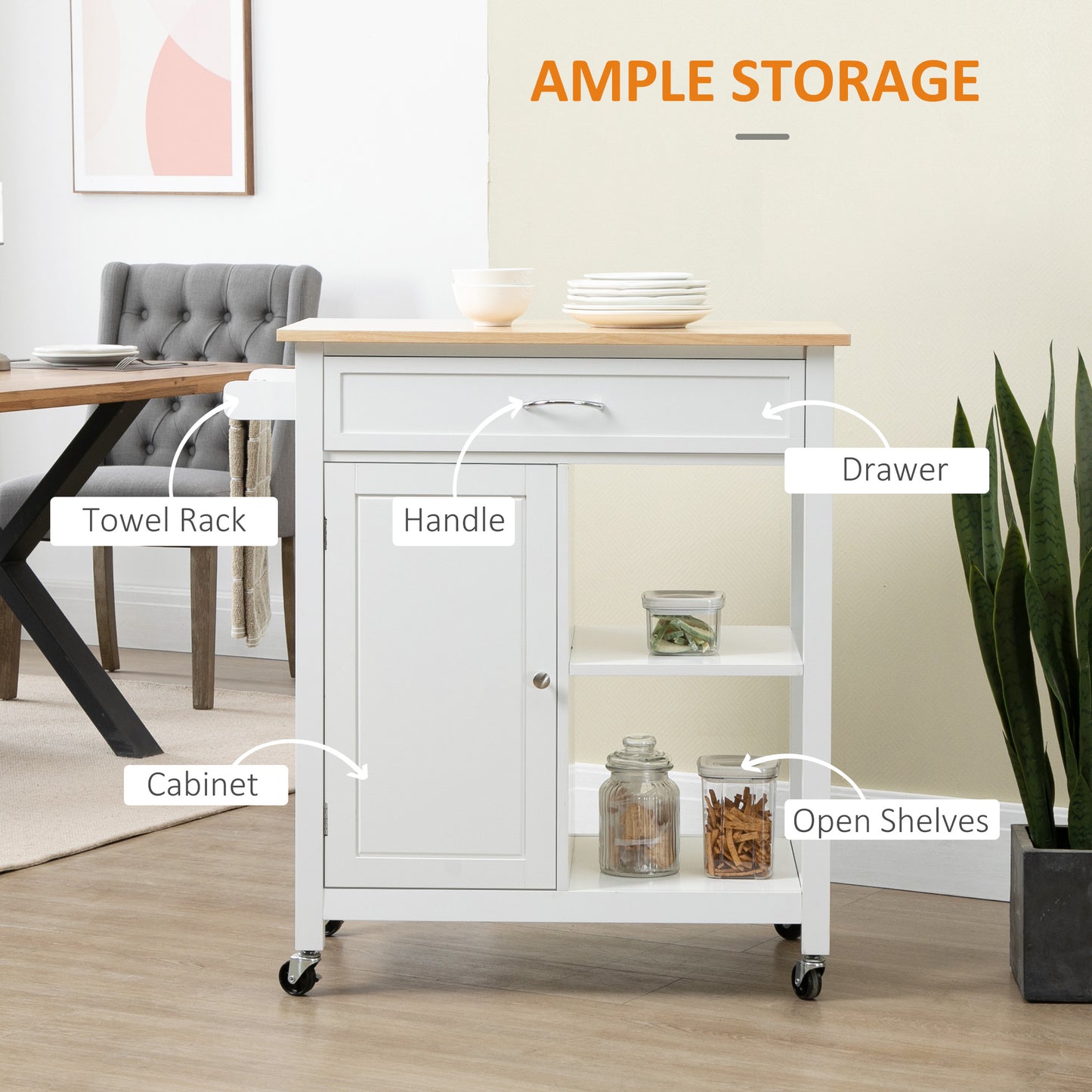 Rolling Kitchen Island Cart with Storage Shelf - White