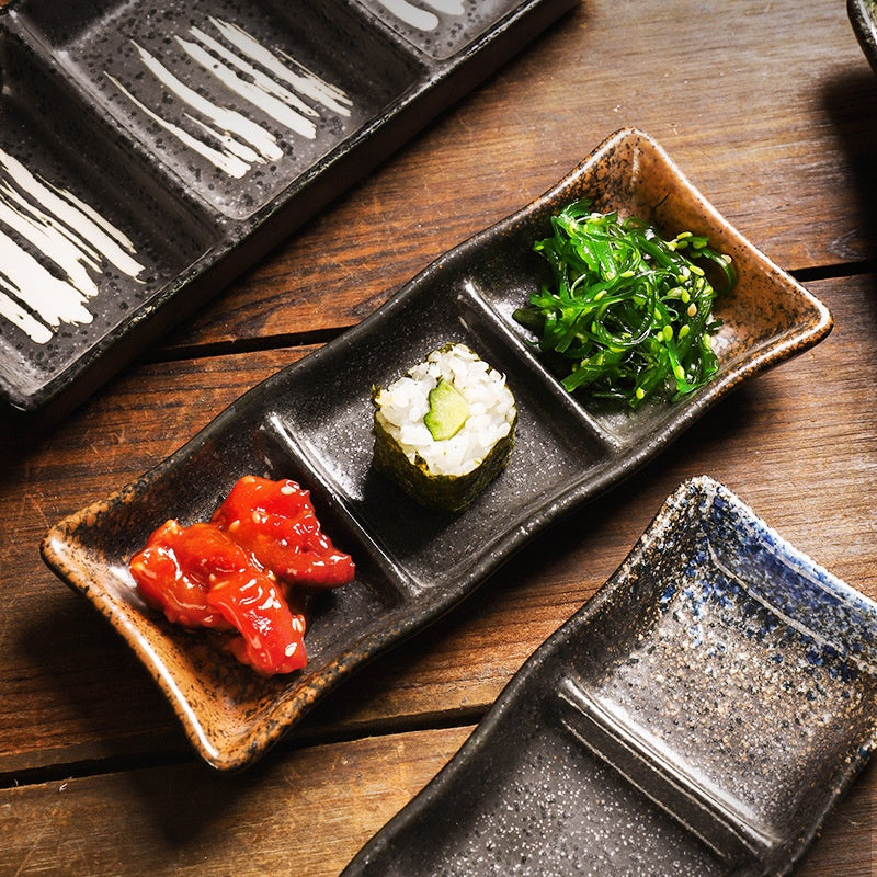 Rectangular Ceramic Sauce Dish with Three Grid Sections - Japanese Style Kitchenware