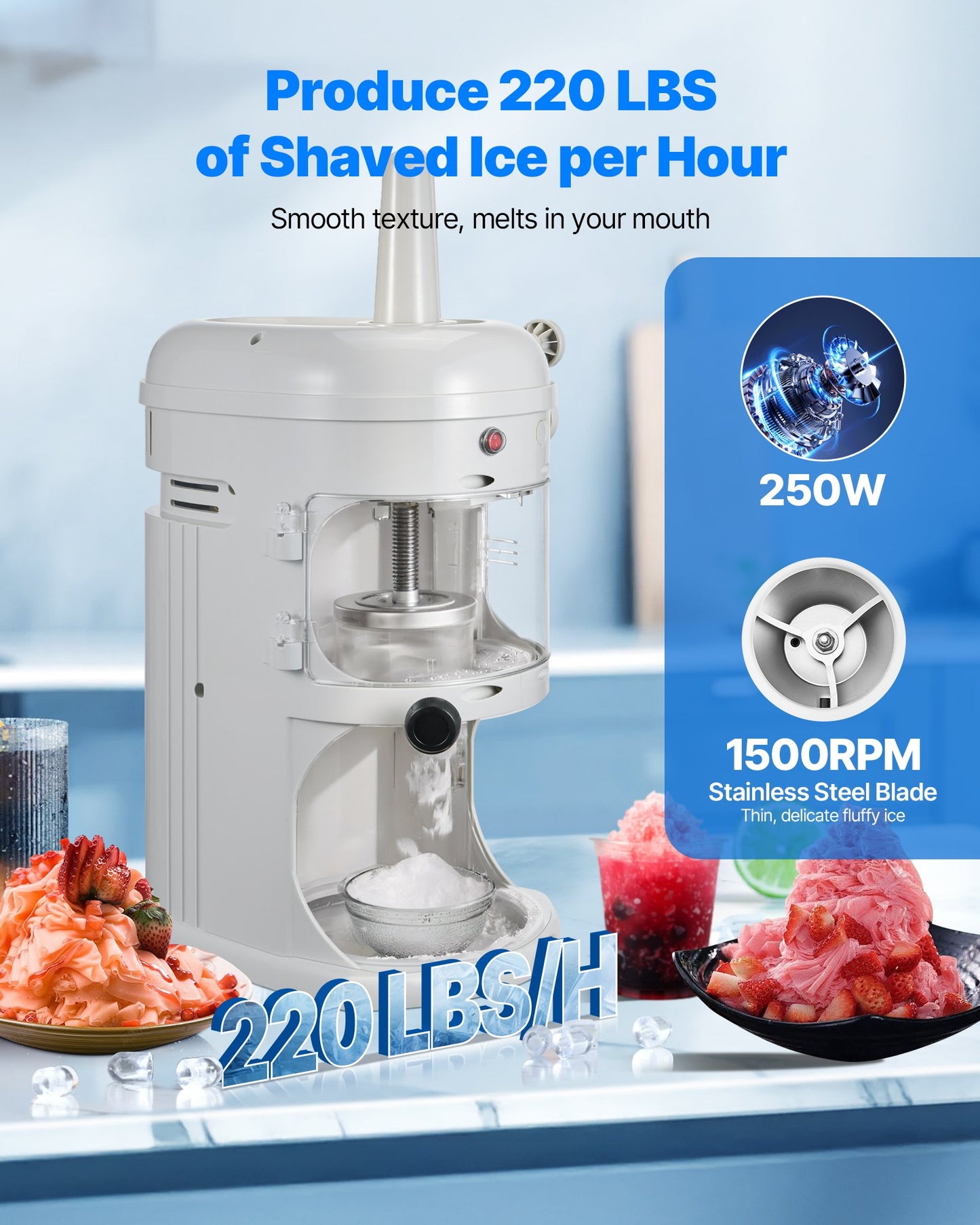 Commercial Fluffy Ice Shaver Machine 220LBS/H Electric Ice Crusher White