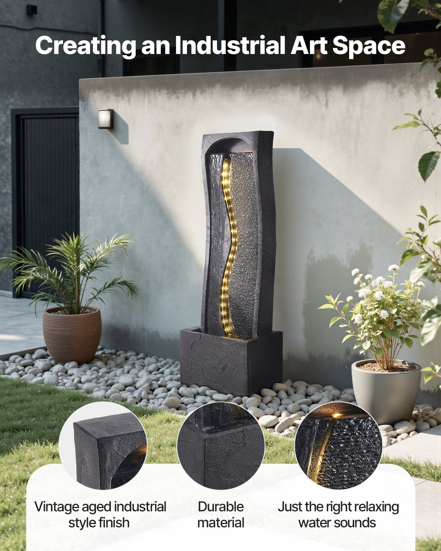 Outdoor Water Fountain 1-Tier Rock Base Style 38.58 Inch Garden Fountain - Grey