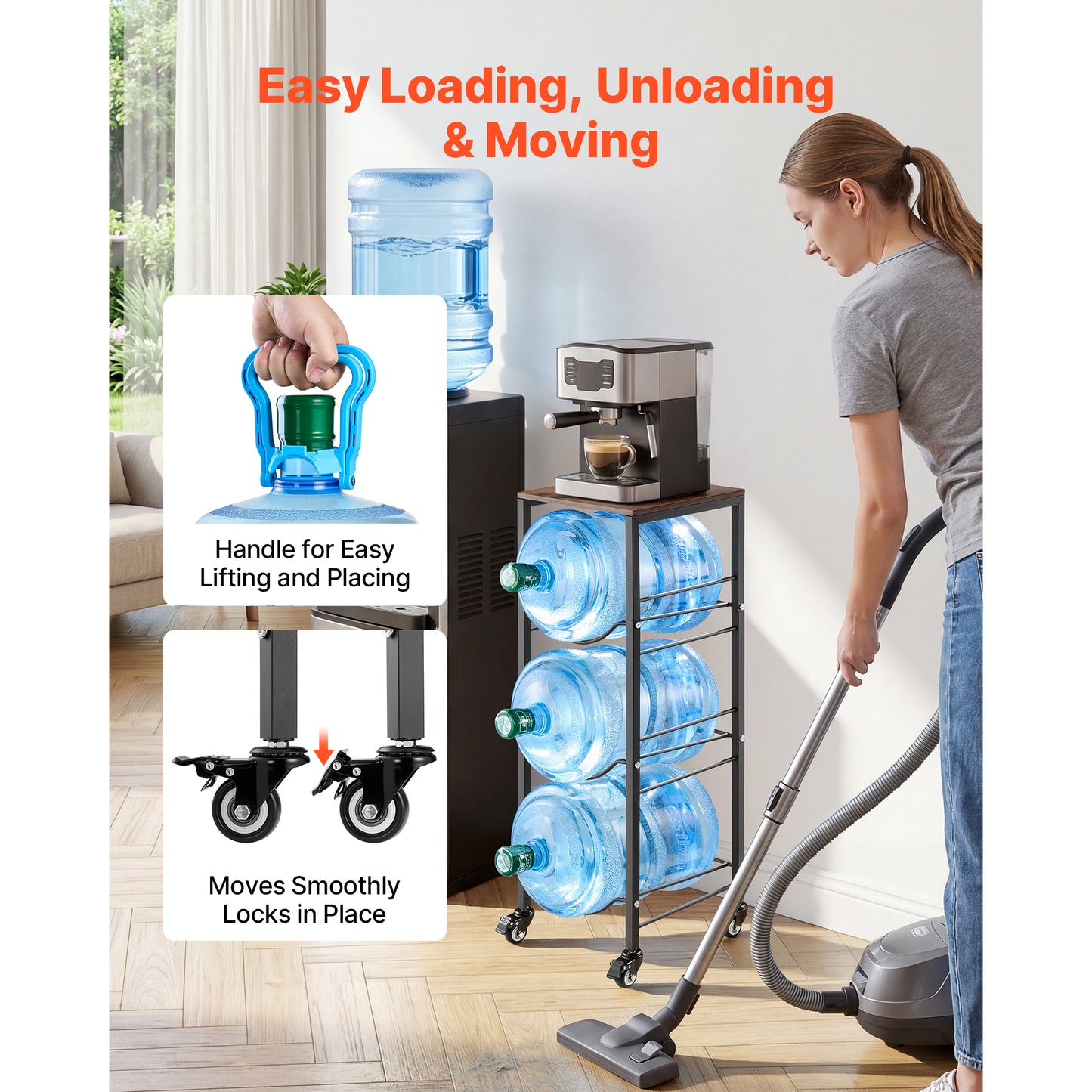 Heavy Duty Water Jug Holder Rack with 4 Tiers for 3 and 5 Gallon Bottles, Casters, Kitchen & Office Storage
