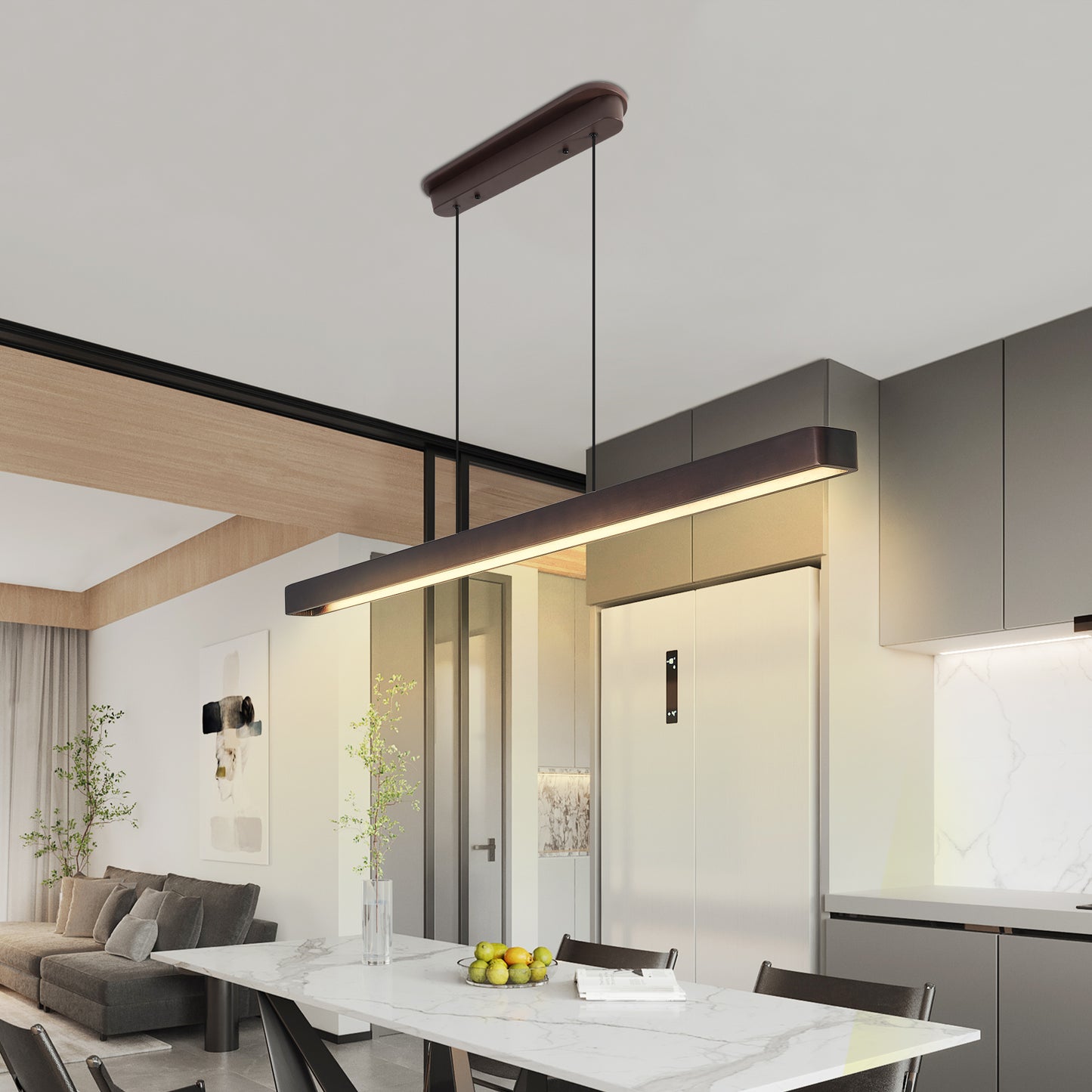 51-Inch Walnut Modern LED Pendant Light - Adjustable Hanging Fixture