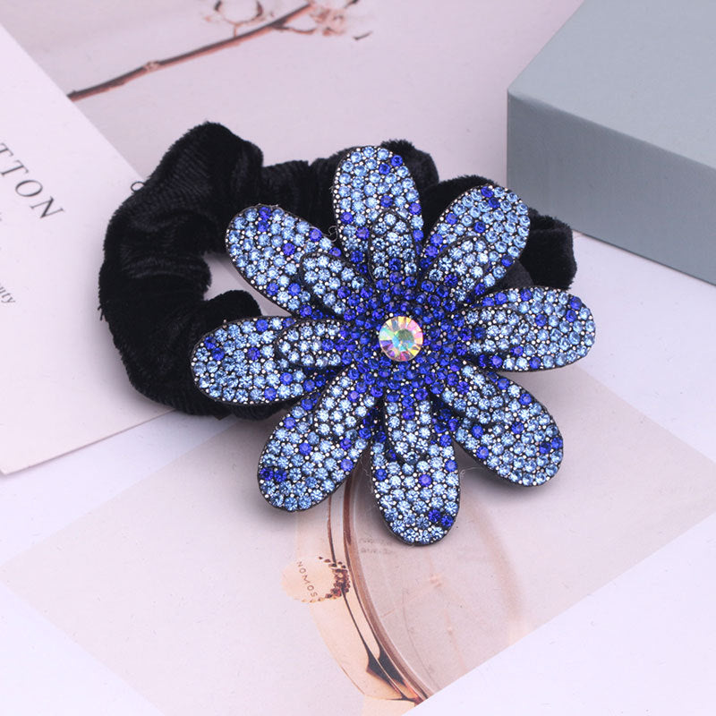 Ethnic Fabric Flower Hair Ring with Rhinestones