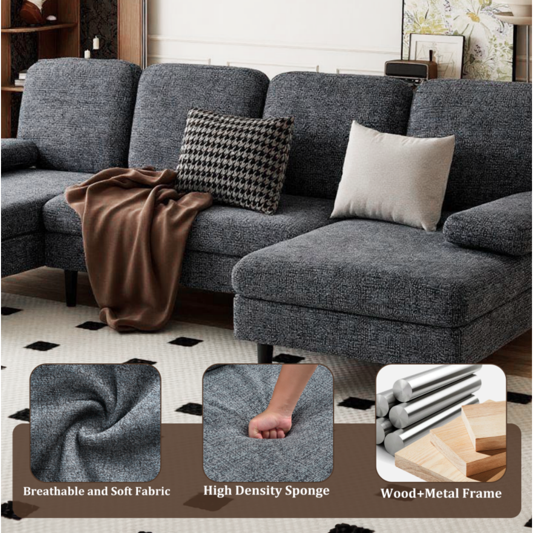U-Shaped Sectional Sofa - Dark Grey Chenille Fabric, 4-Seater