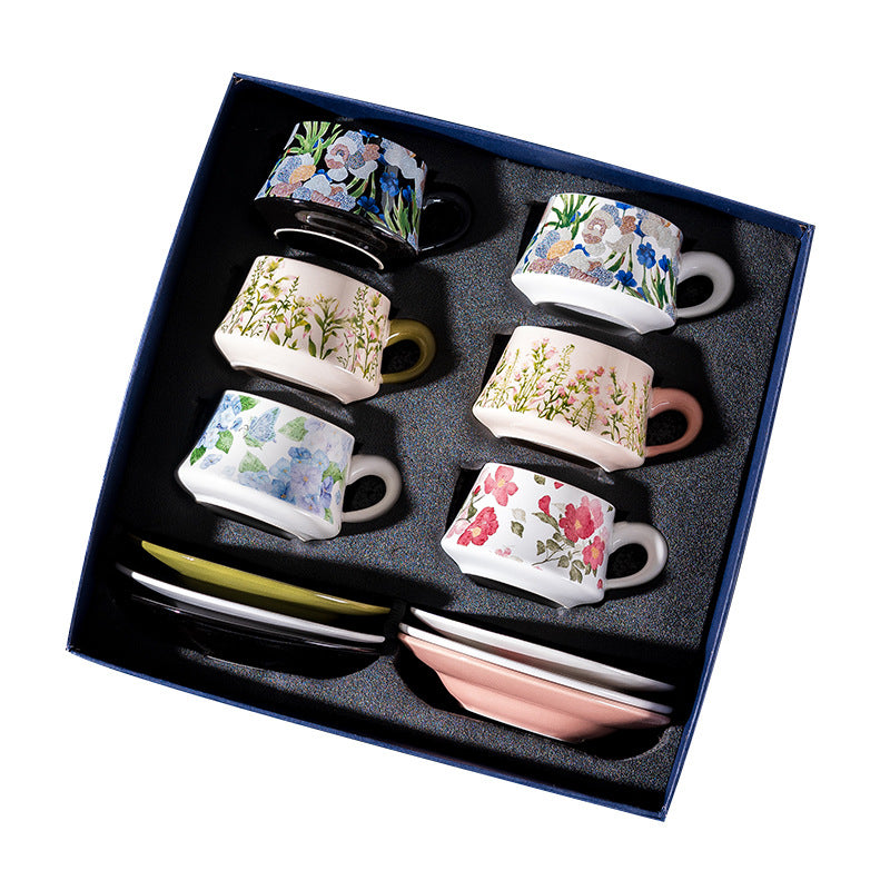 Elegant Iris Flower Ceramic Coffee Cup Set with Gift Box - Multiple Styles & Sizes