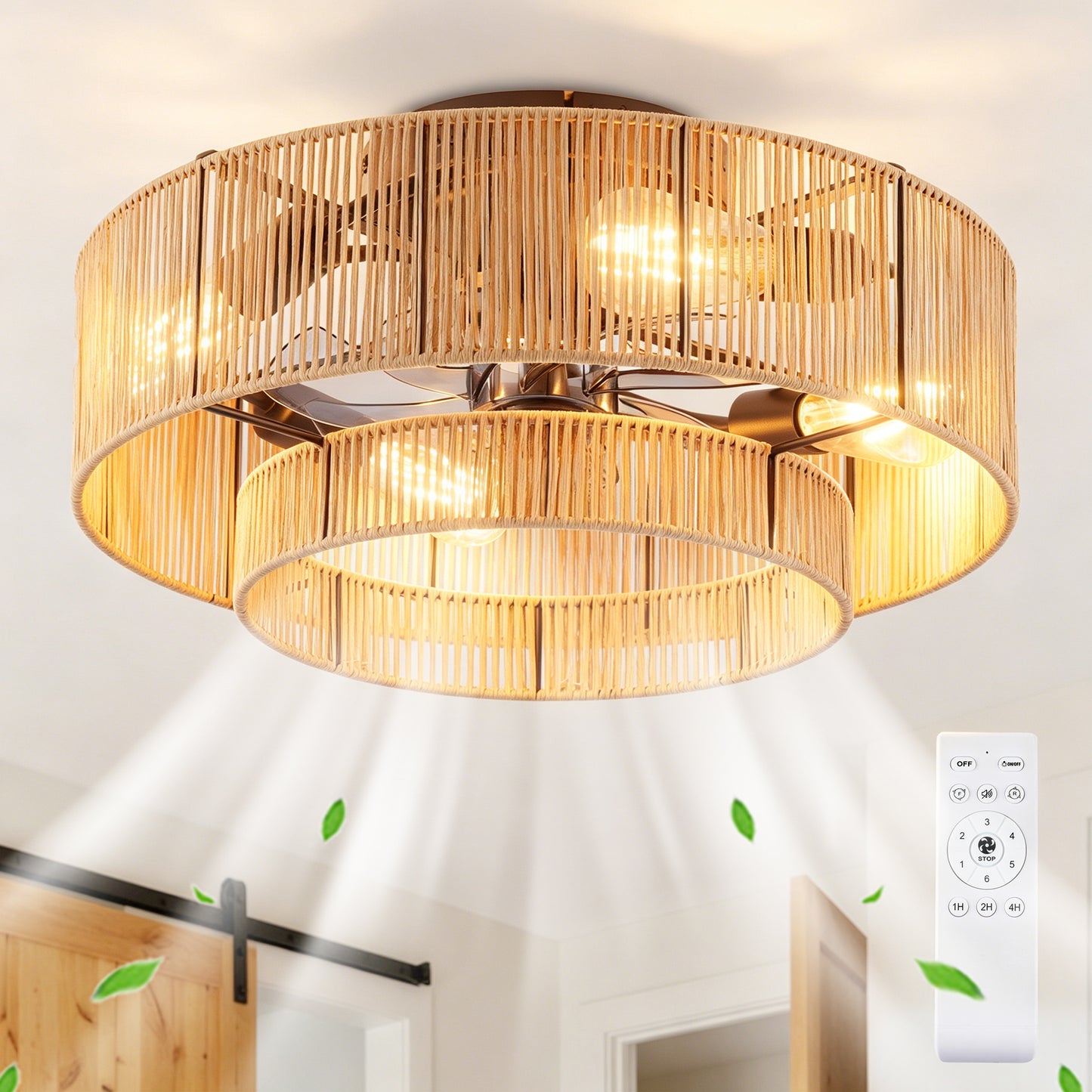 20" Double Tier Rope Caged Ceiling Fan with Remote Control - Matte Black