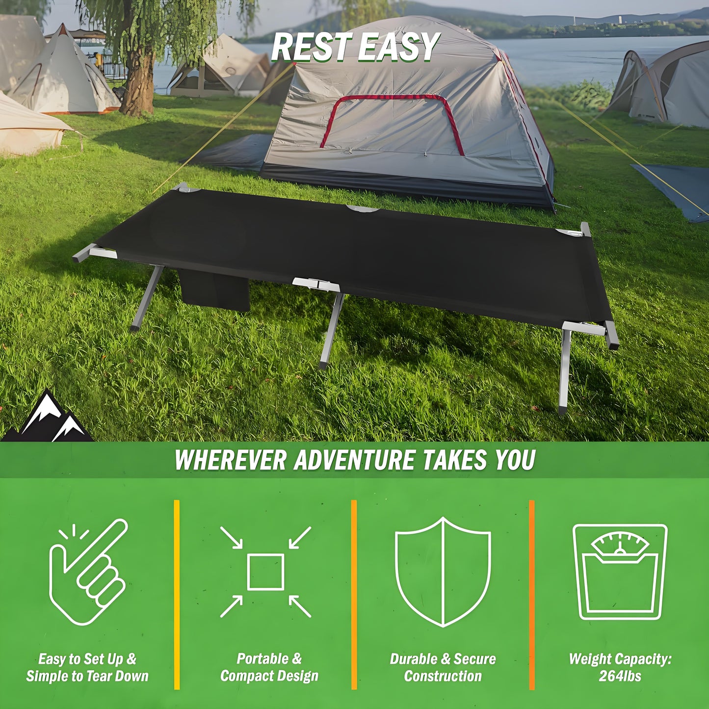 Portable Folding Camping Cot with Carry Bag - Lightweight Black