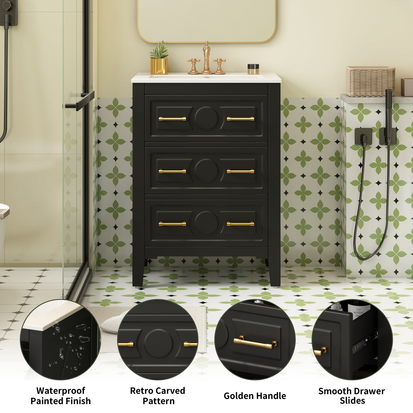 24'' Bathroom Vanity with Ceramic Sink - Black, 3 Drawers