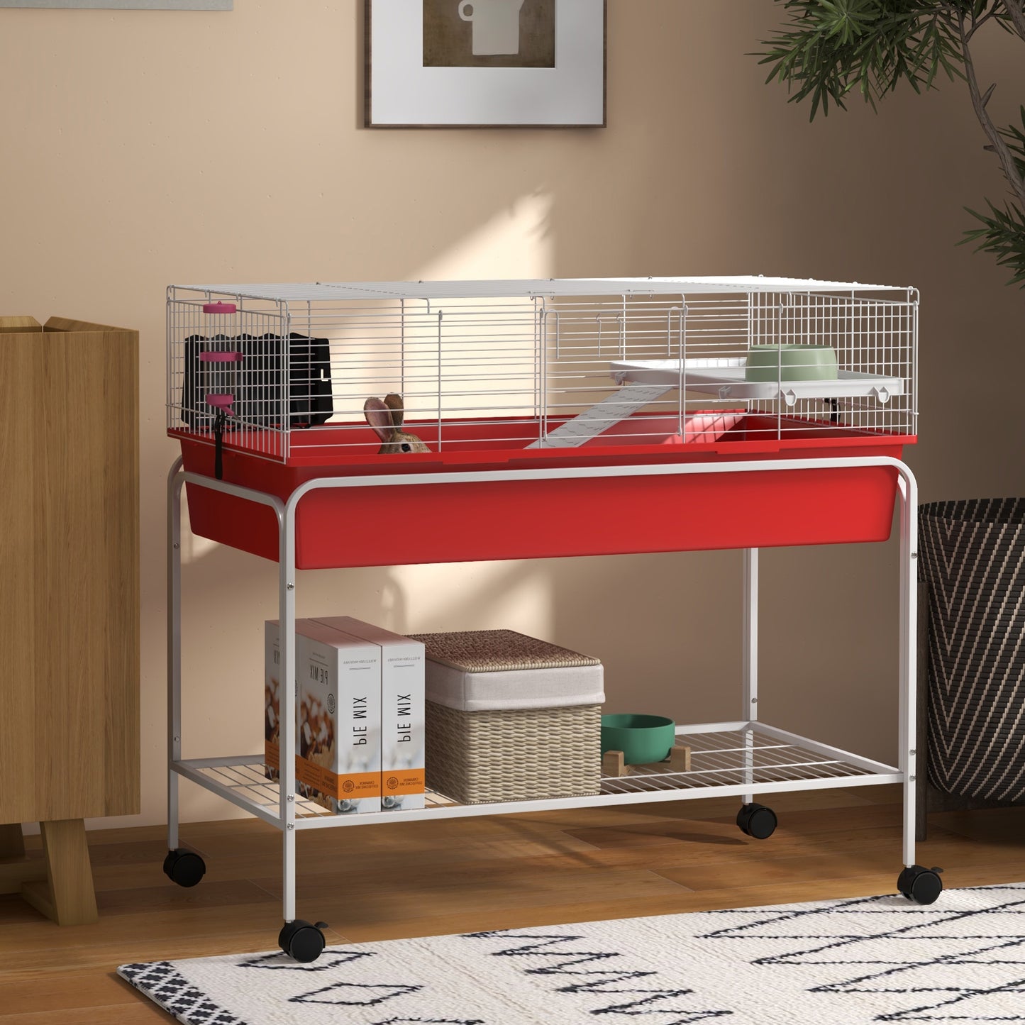 Small Animal Cage with Removable Stand, Wheels & Shelf - 39x20.5x36.5 Inches, Red