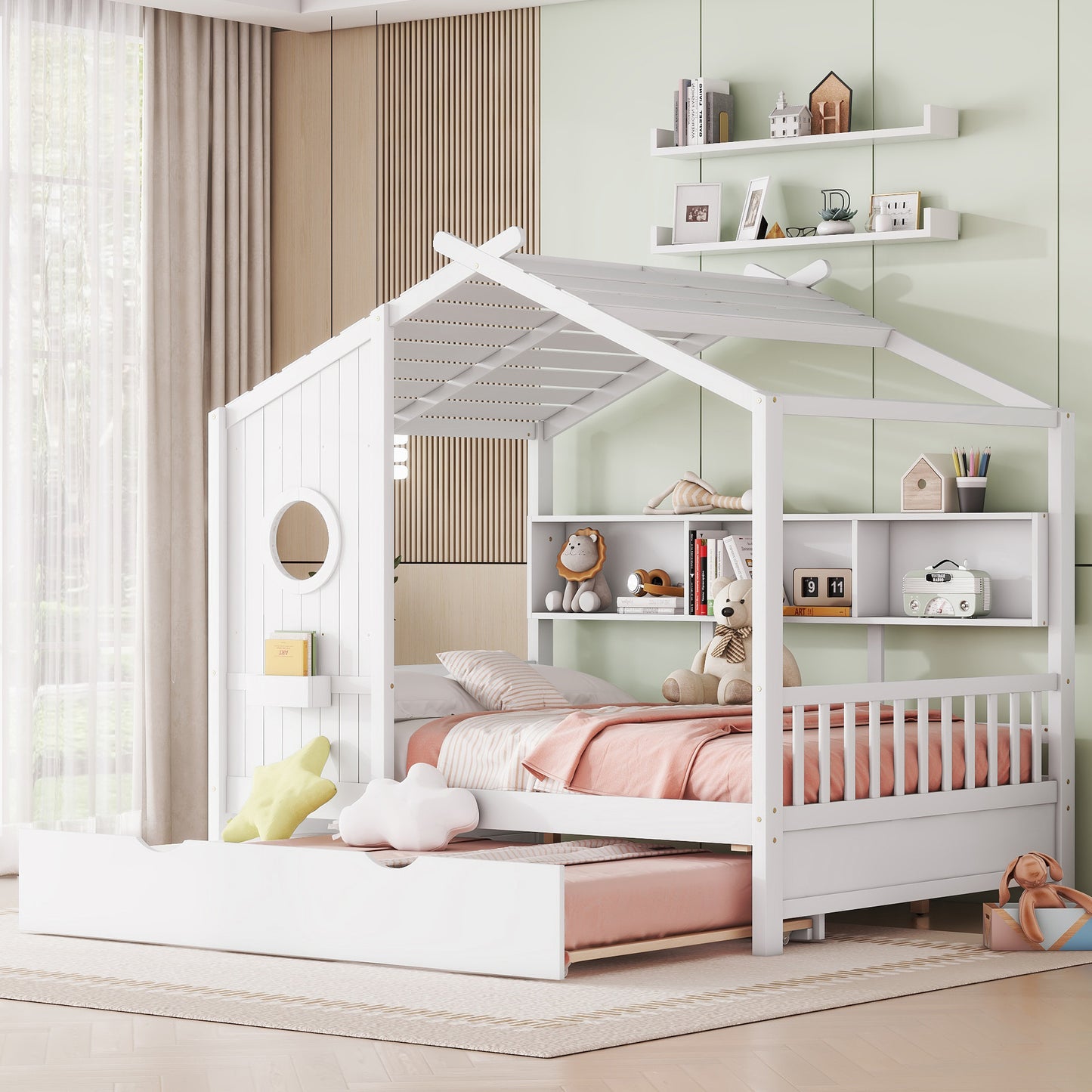 Wooden Full Size House Bed With Trundle, Modern Design For Kids