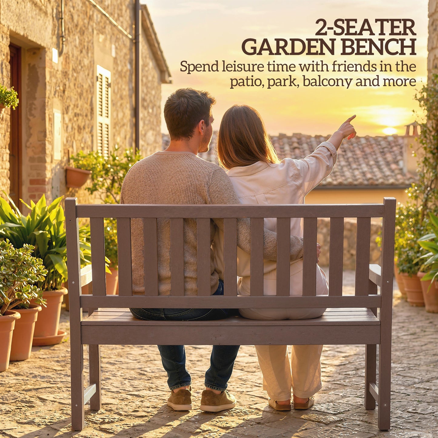 2-Person Outdoor Garden Bench - HDPE Curved Seat, Brown