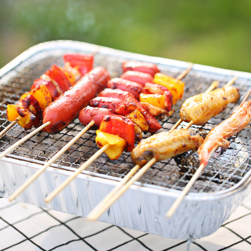Portable Charcoal BBQ Grill with Skewers and Accessories - White
