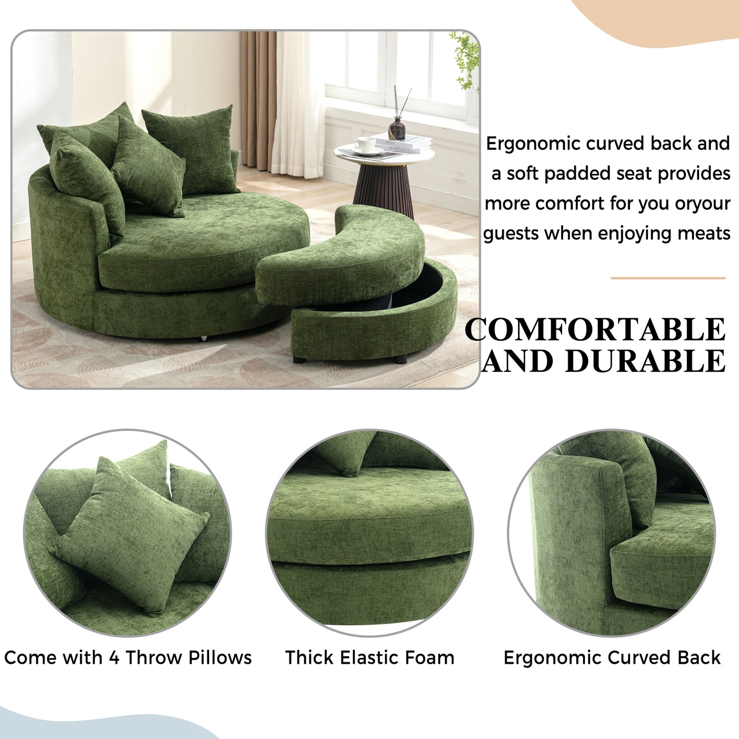 360° Swivel Accent Barrel Chair with Storage Ottoman & 4 Pillows - Green