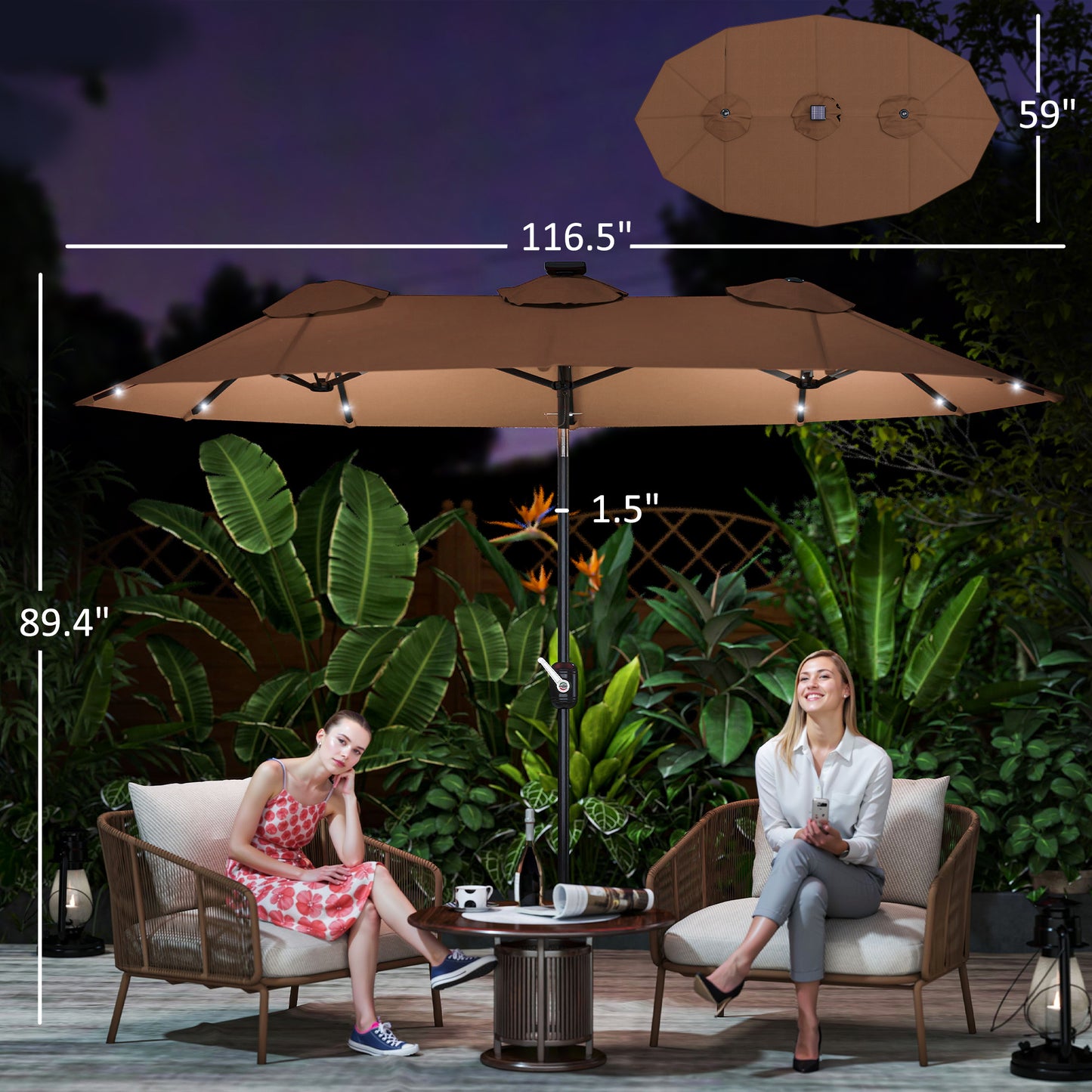 Double-Sided Patio Umbrella with LED Lights - Coffee