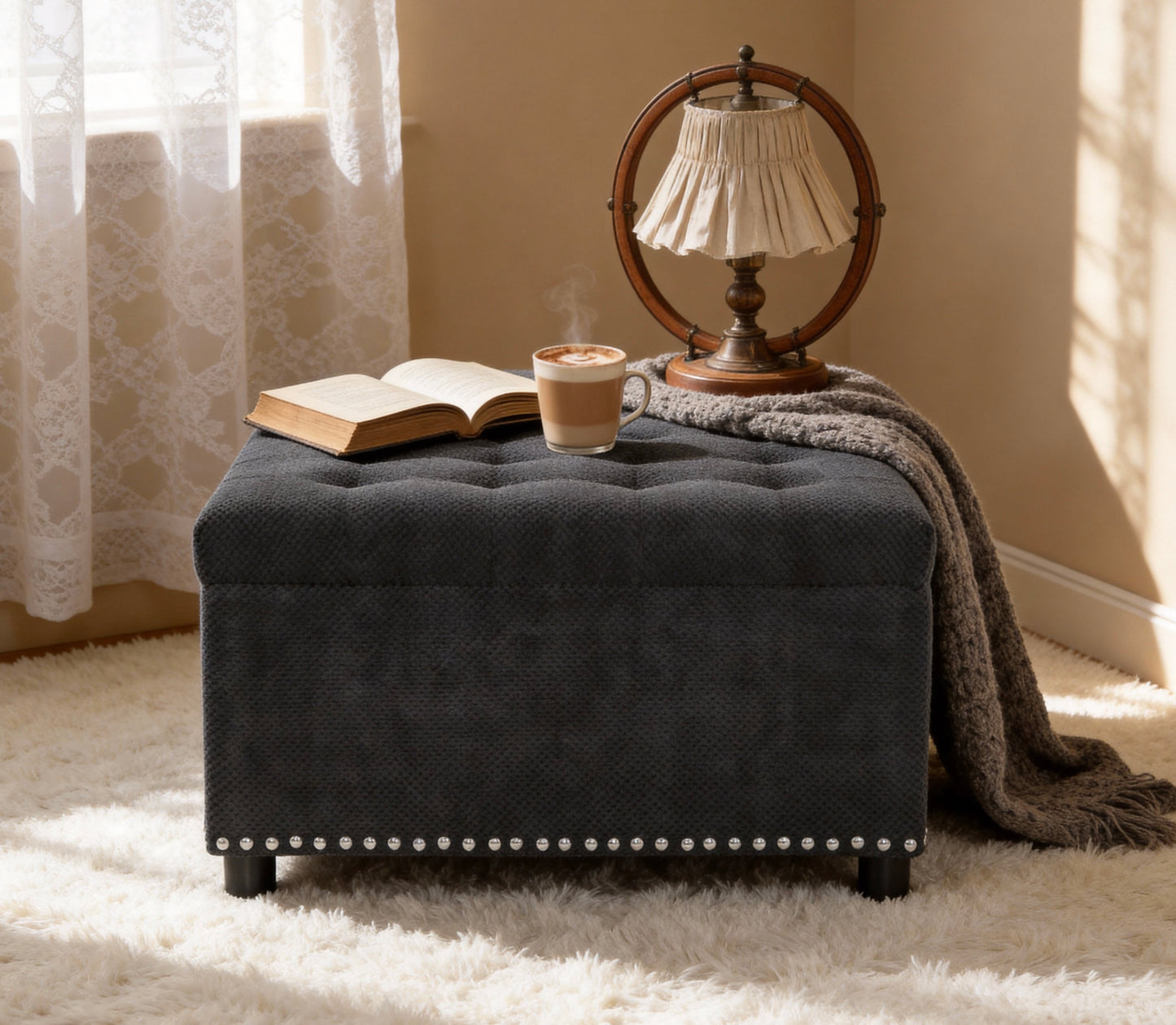 Tufted Black Storage Ottoman with Nailhead Trim - Square Bench