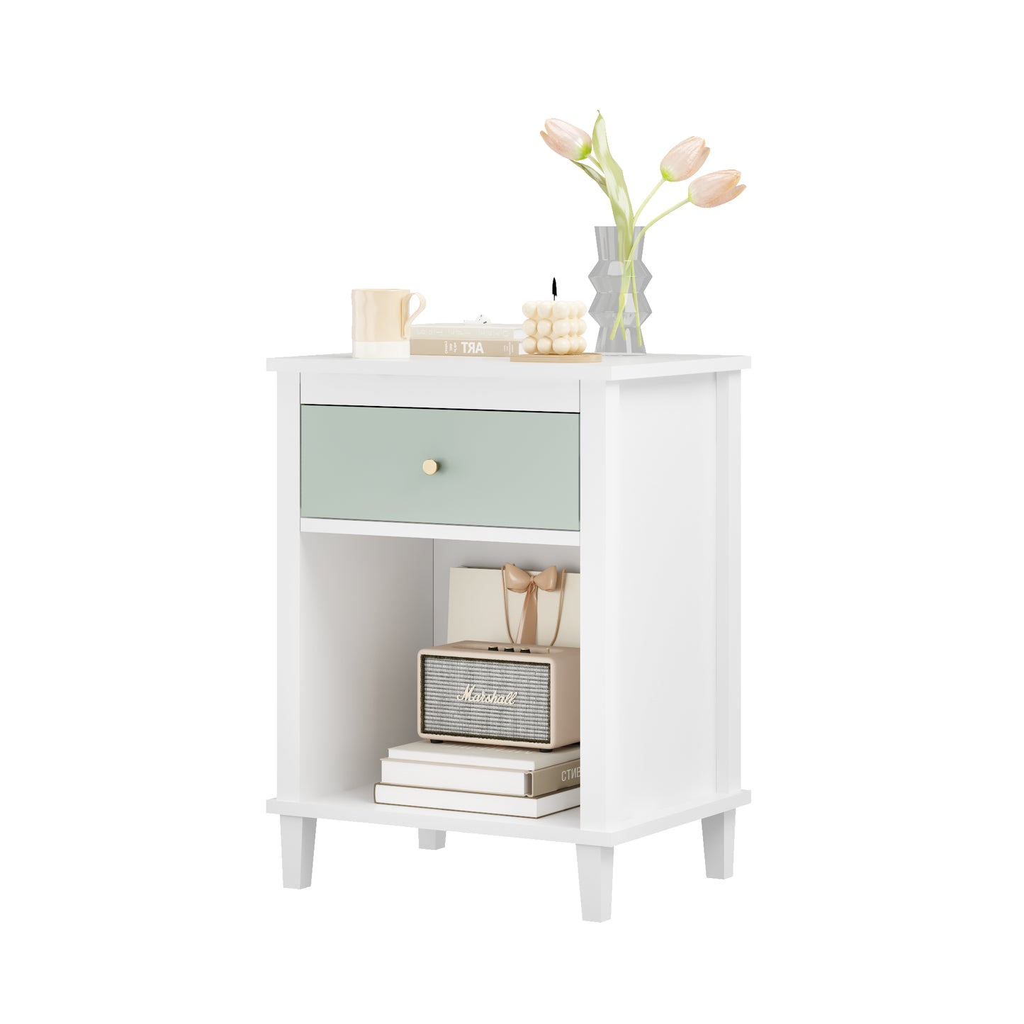 Wooden Nightstand with Drawer and Shelf - White & Green