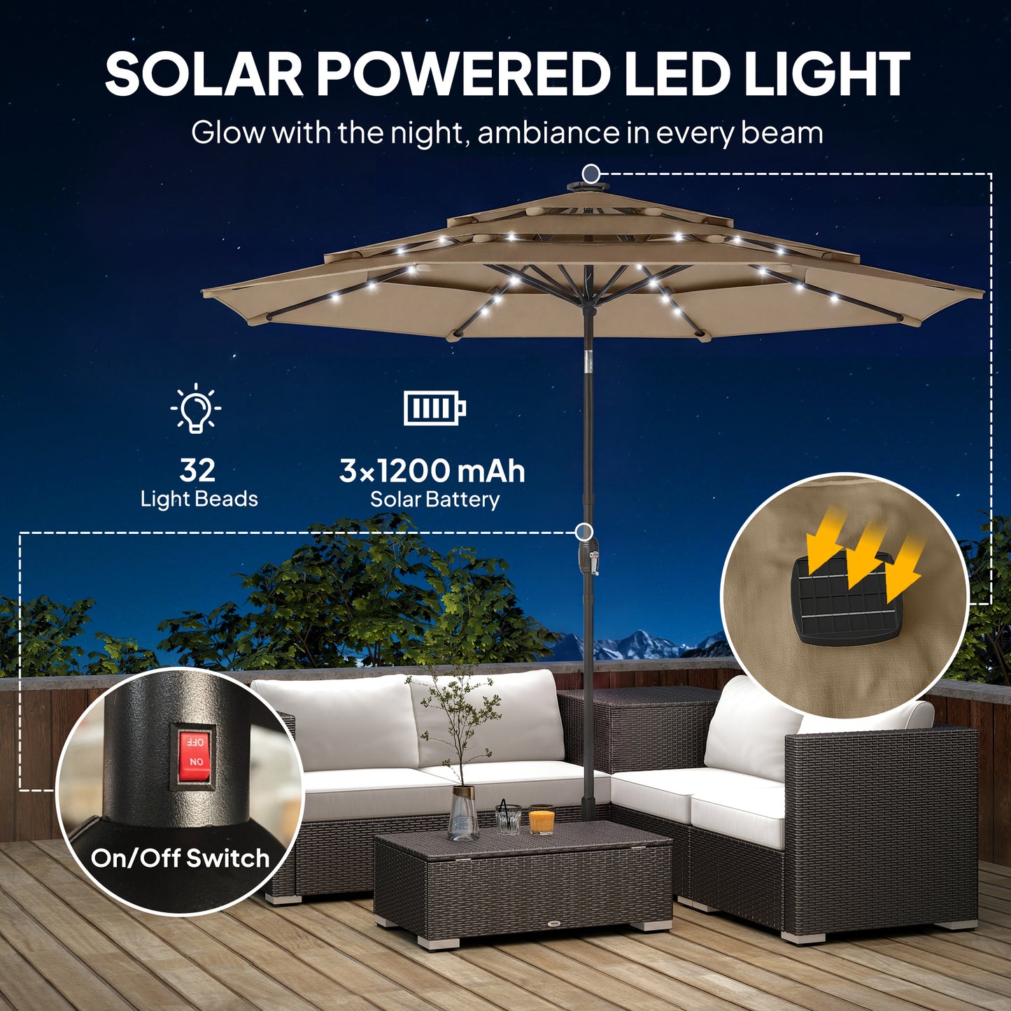 9.7 ft Outdoor Patio Umbrella with Solar LED Lights - Khaki