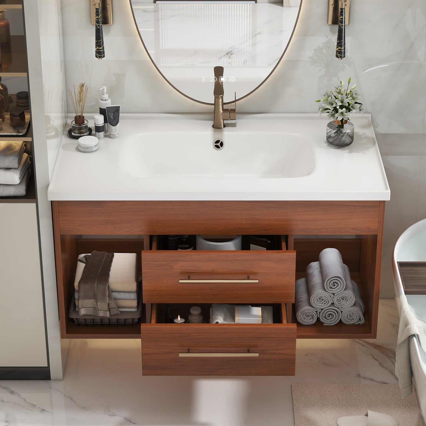 35.4" Mid-Century Modern Bathroom Vanity with Undermount Sink - White/Walnut