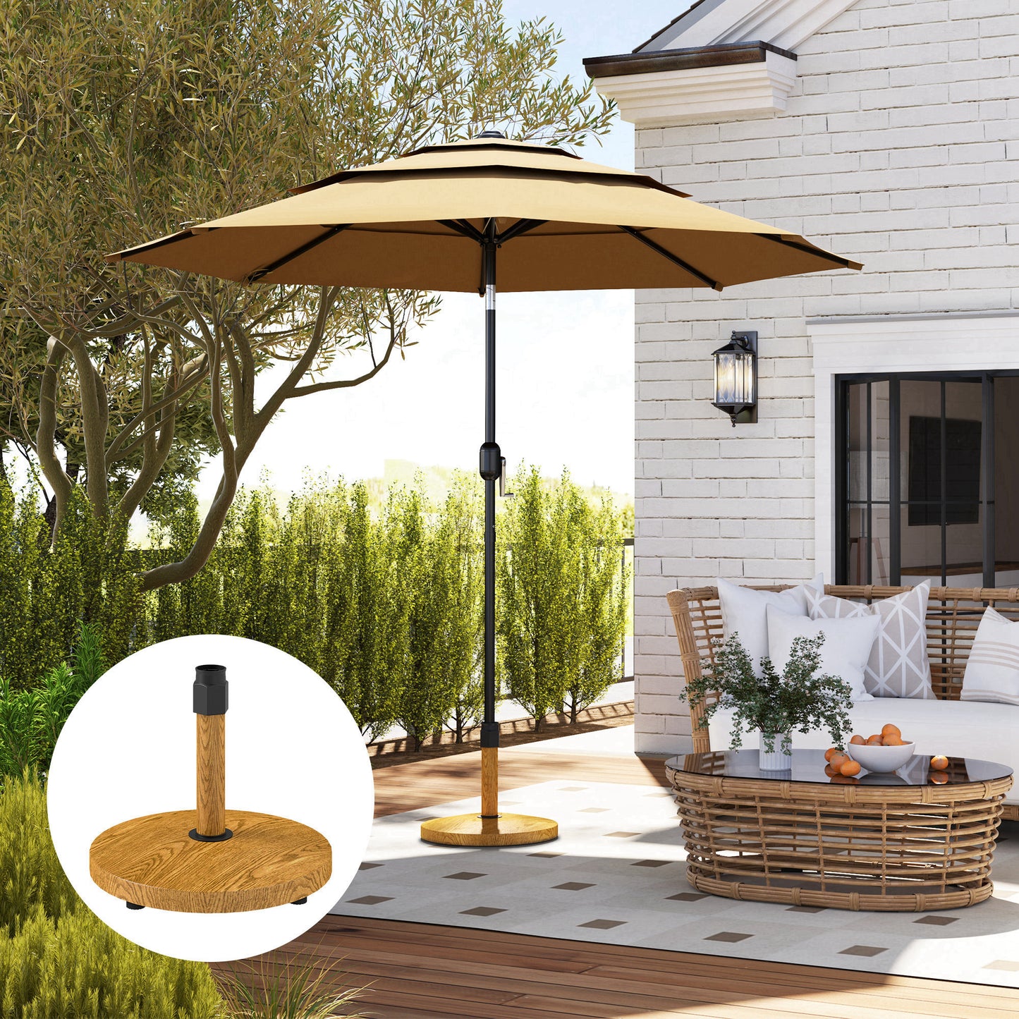 Heavy Duty Patio Umbrella Base Stand with Adjustable Pads - Natural Wood