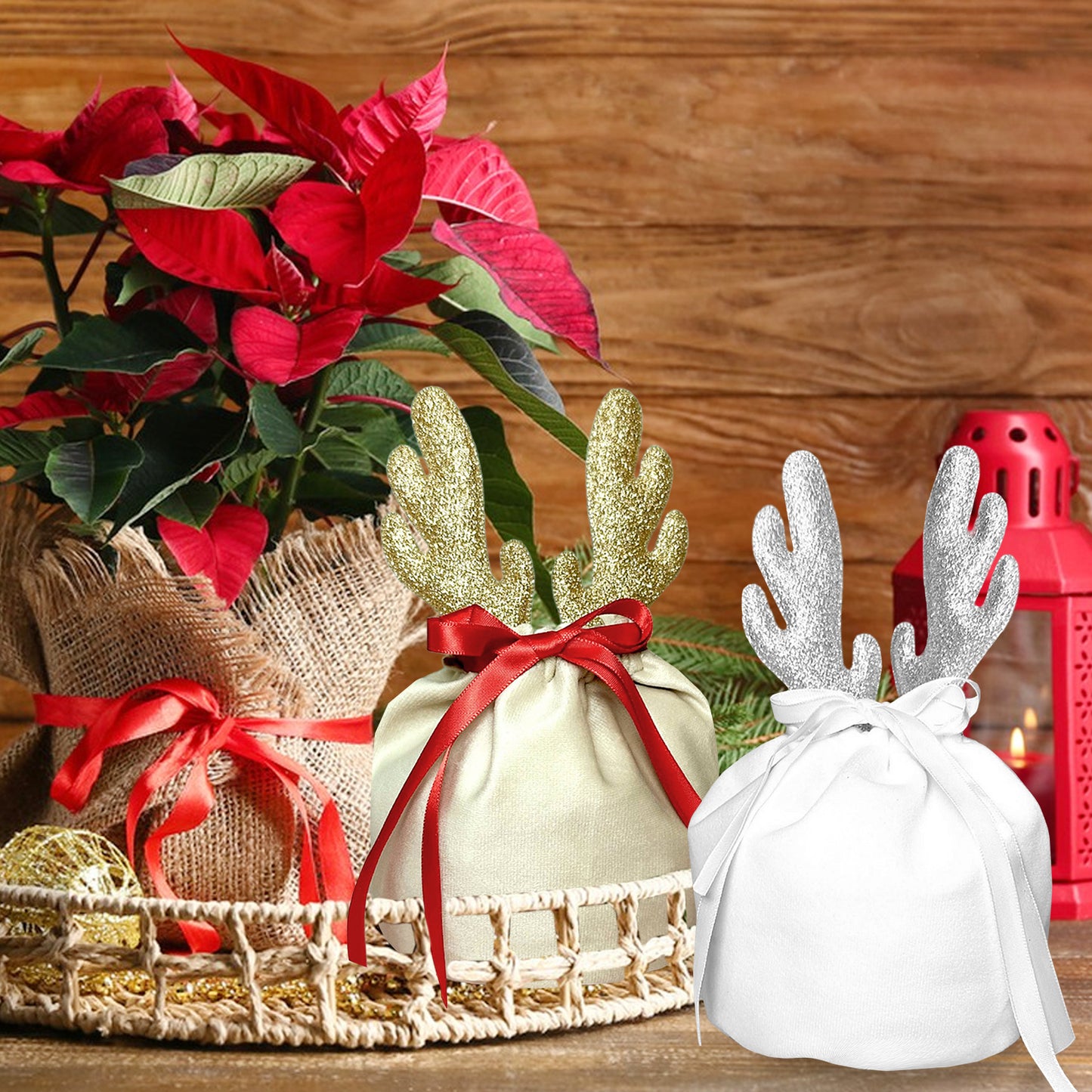 5-Piece Christmas Antler Gift Bag Set - Khaki & White