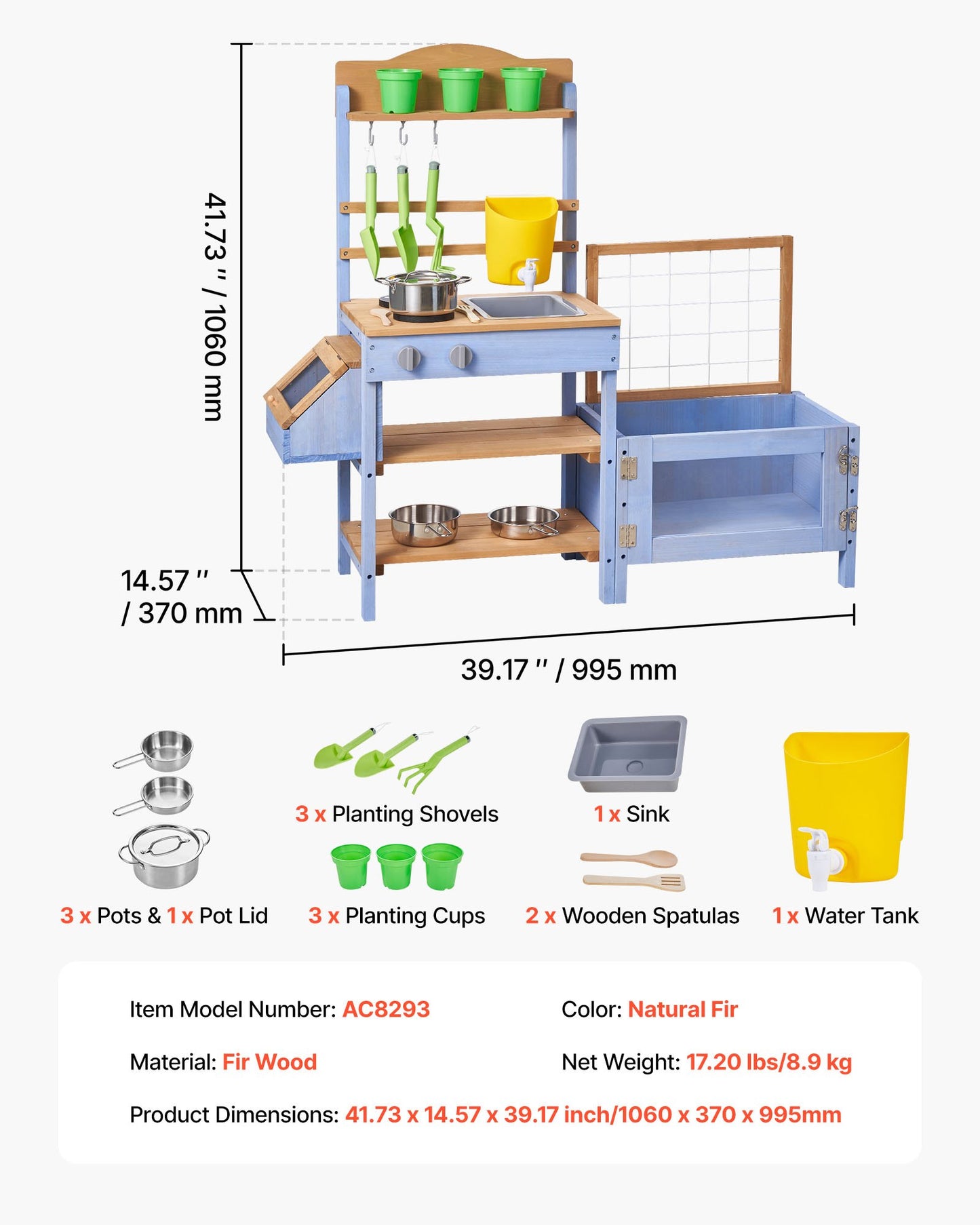 Outdoor Kids Mud Kitchen with Planting Box and Water Tank - Wooden Playset for Garden