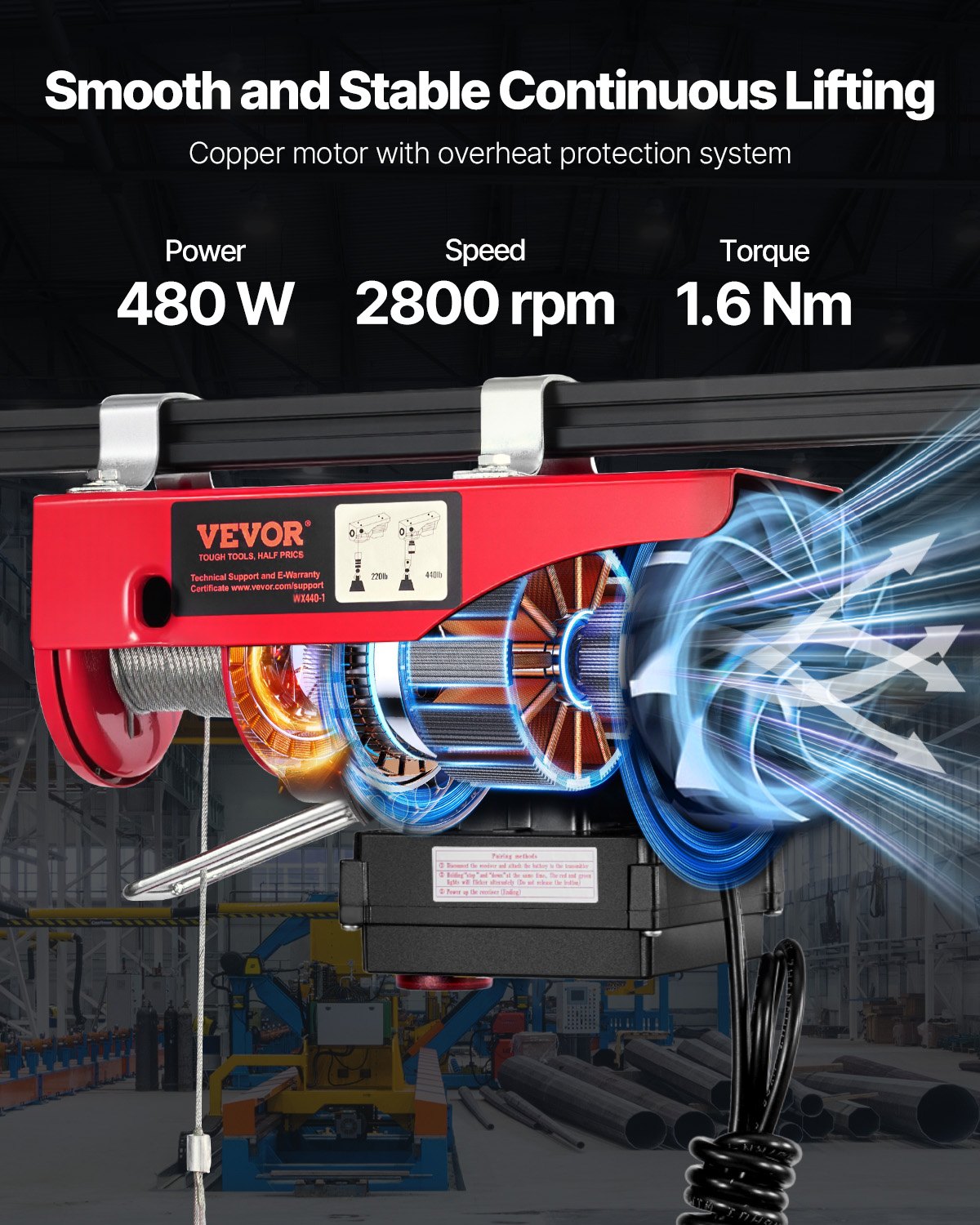 Wireless Electric Hoist 440 Lb Steel Wire Winch 110V with Remote Control
