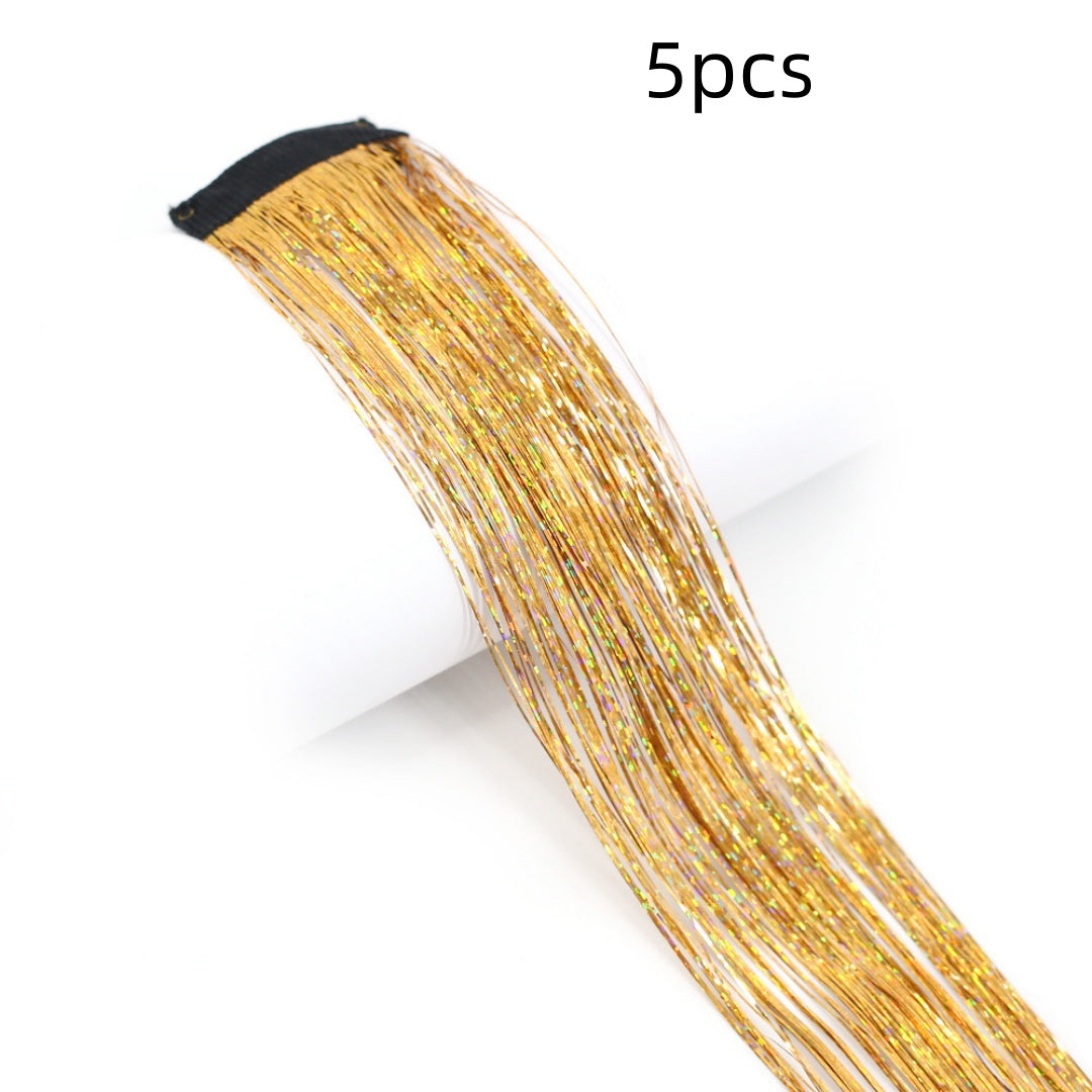 Clip-In Rainbow Hair Extensions - Long Synthetic Wig with Gold Thread