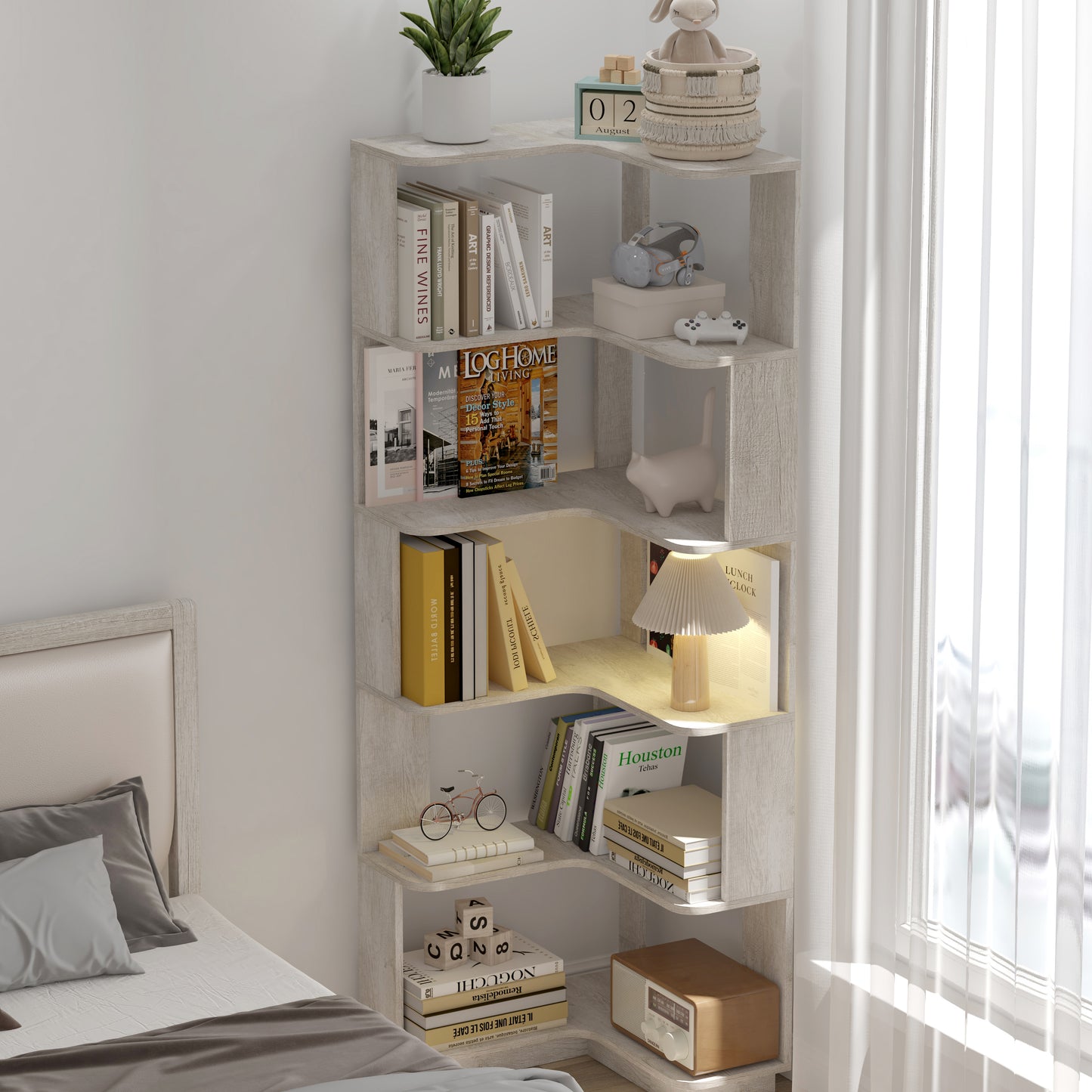 6 Tier Freestanding L-Shaped Corner Bookshelf For Living Room,