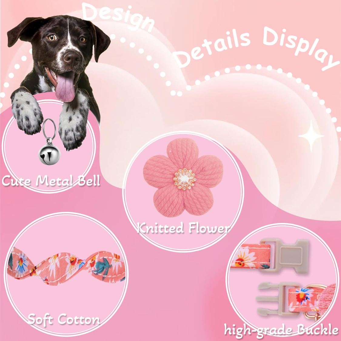 Small Dog Collar with Flower and Bell - Adjustable Spring Pet Necklace for Small Dogs
