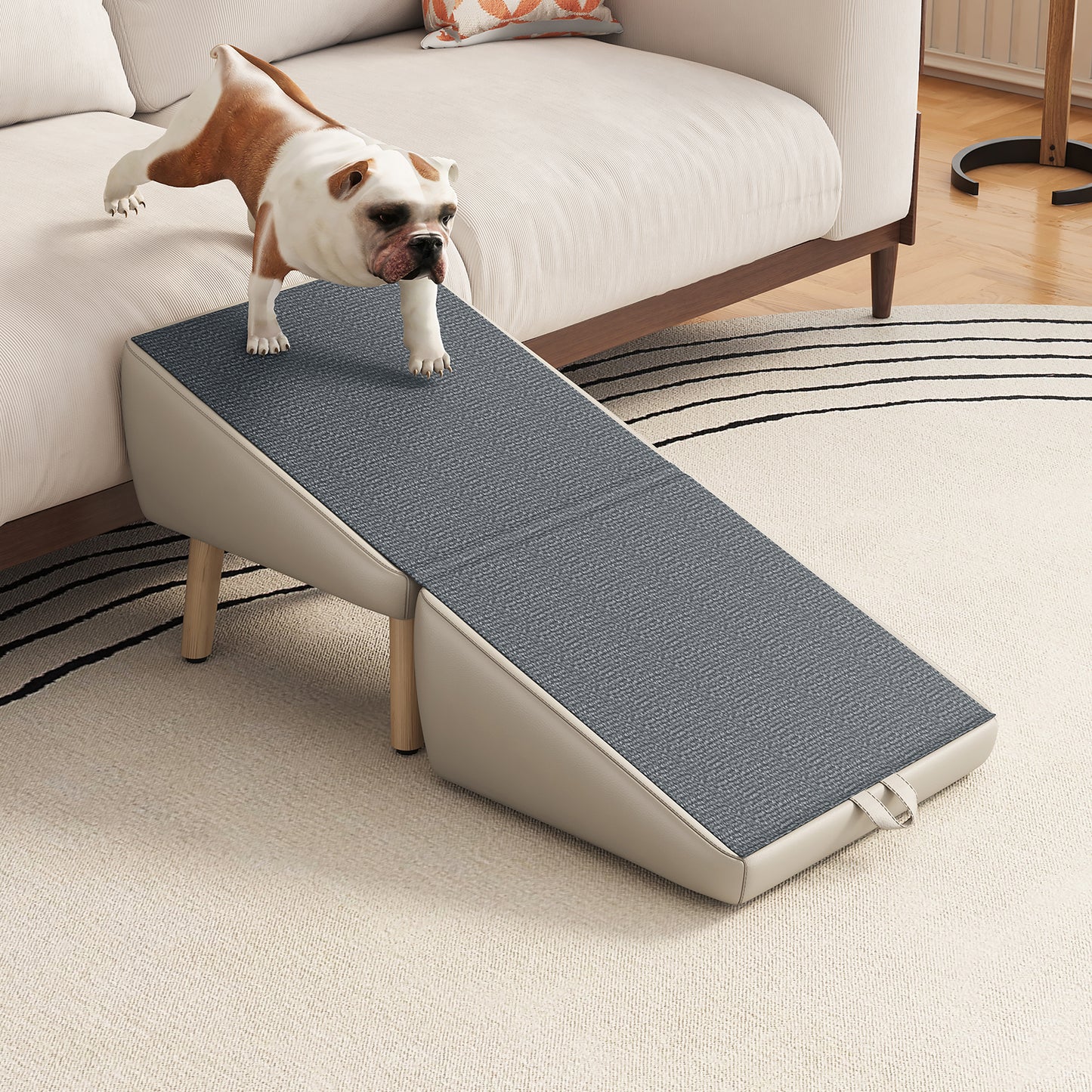 Foldable Wooden Dog Steps for Small Dogs and Cats - Non-Slip Ramp for Couch and Bed, Light Grey