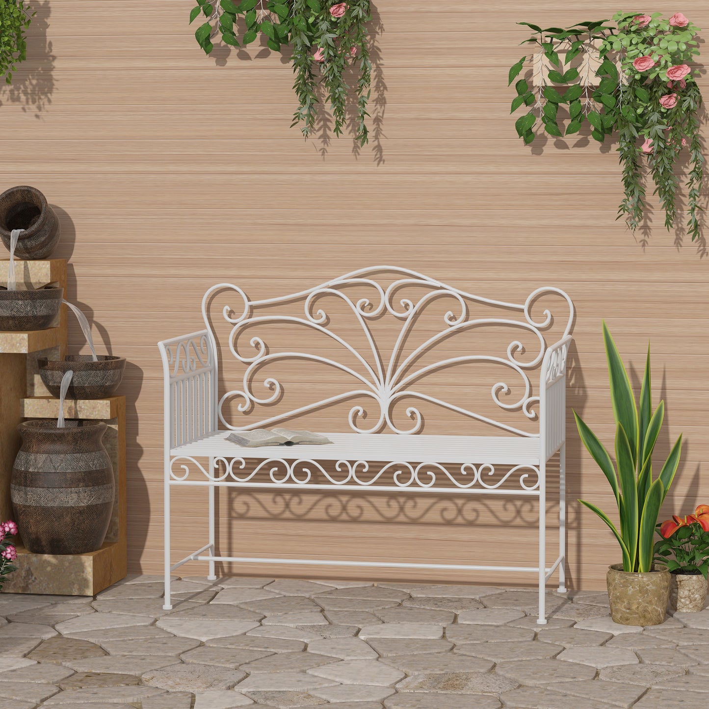 43" Outdoor Metal Garden Bench with Armrests - Cream White