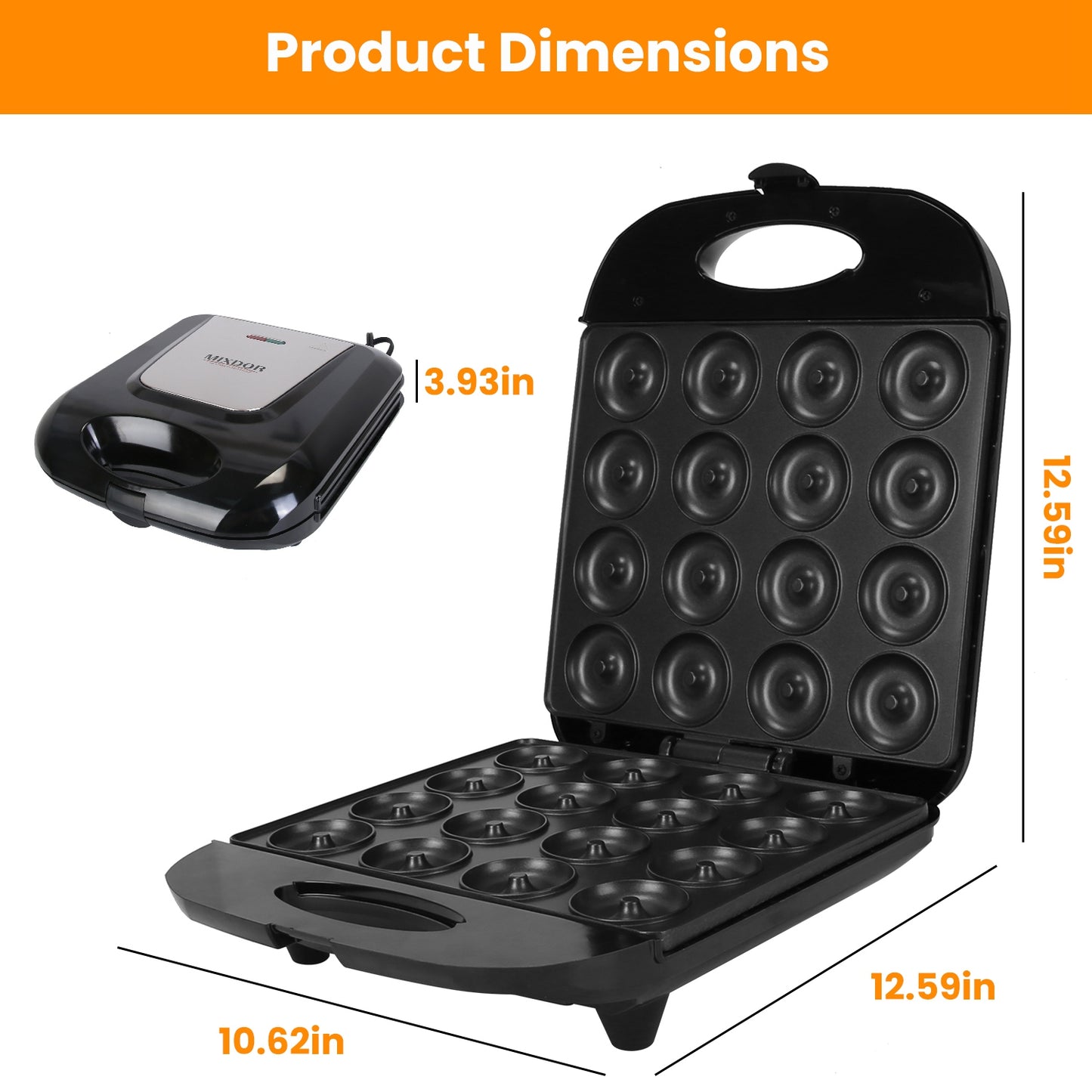 Mini Donut Maker Machine for Kids & Family, 16 Non-Stick Doughnuts, Black
