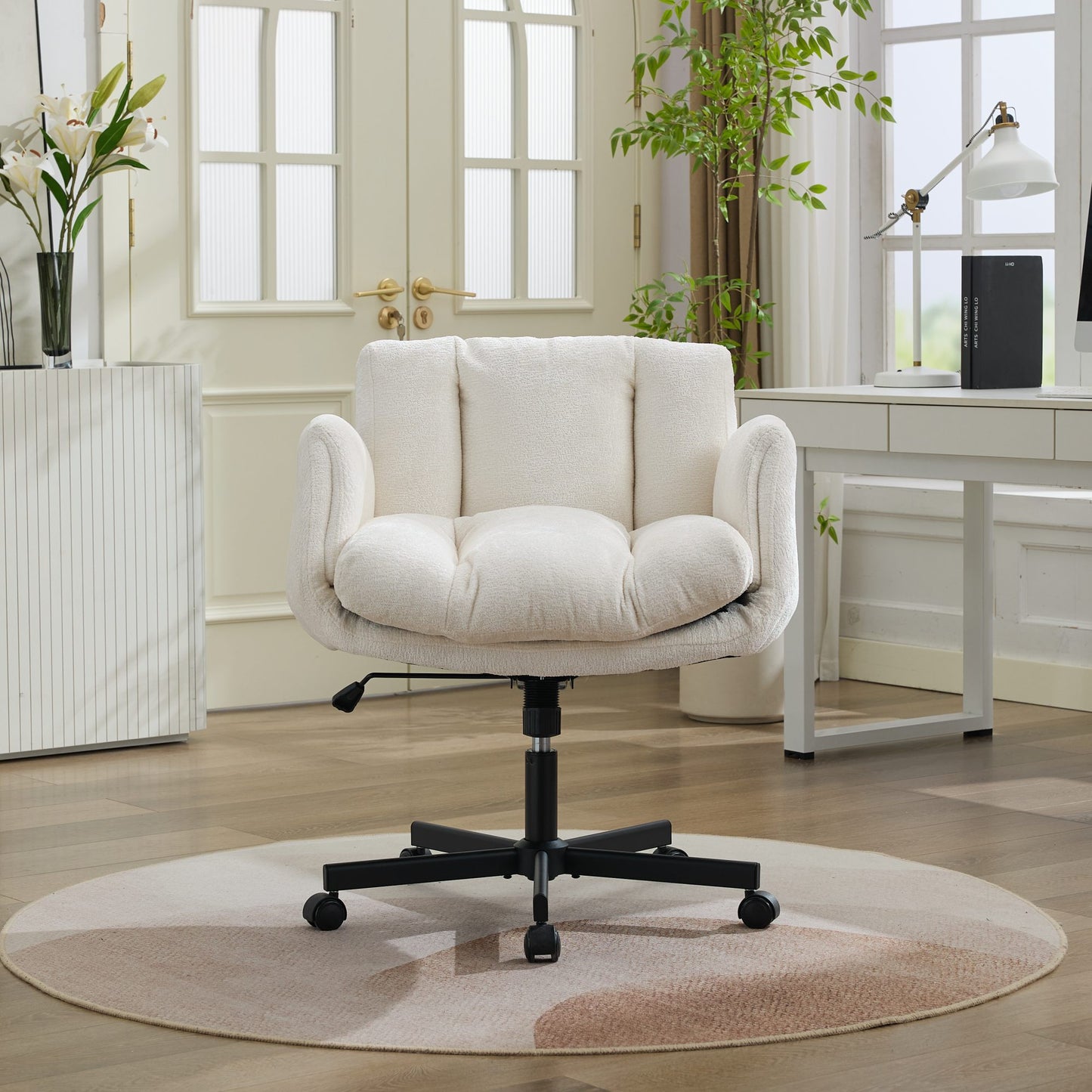 Chenille Swivel Office Chair - Height Adjustable with Armrests - Beige